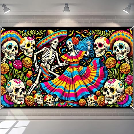 Day of The Dead Couple Banner 71x43 Inch Sugar Skull Dance Backdrop Dia de Los Muertos Wall Decoration for Halloween Mexican Festival Altar Decor Indoor Outdoor Display