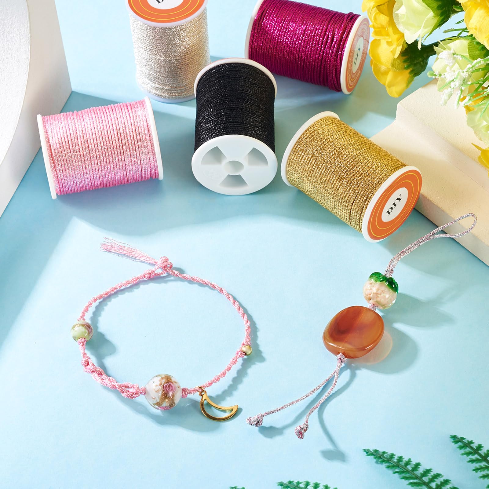 Hilo metálico de poliéster de 42 m, 6 colores, 1 mm, con purpurina, para joyería, trenzado, para manualidades, bordado, fabricación de pulseras de la amistad