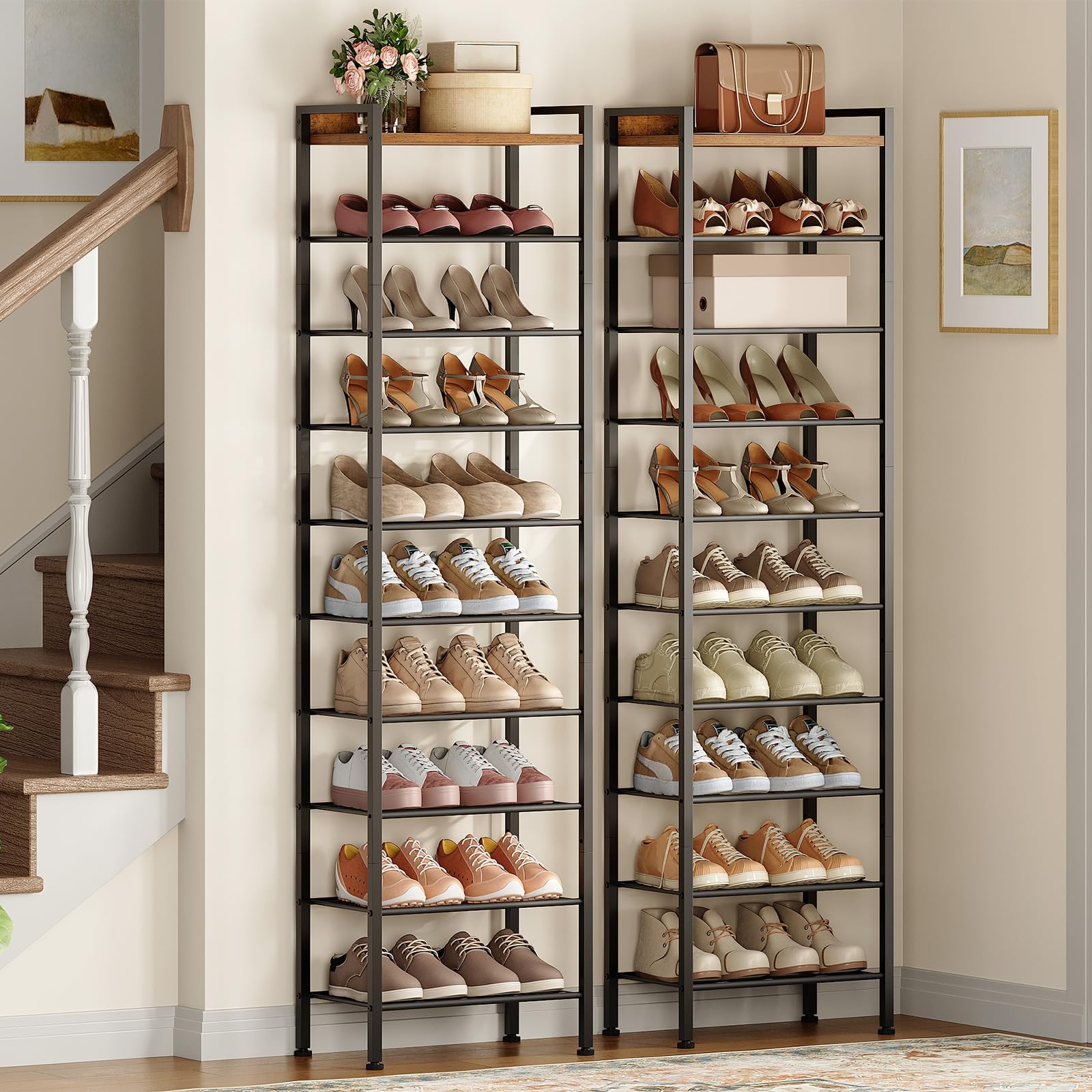 HOOBRO Estantería para Zapatos de 10 Niveles, Zapatero con Baldas Extraíbles, Estante Zapatero Estrecho para Recibidor, Vestíbulo o Sala, Marrón Vintage y Negro EBF11XJ01