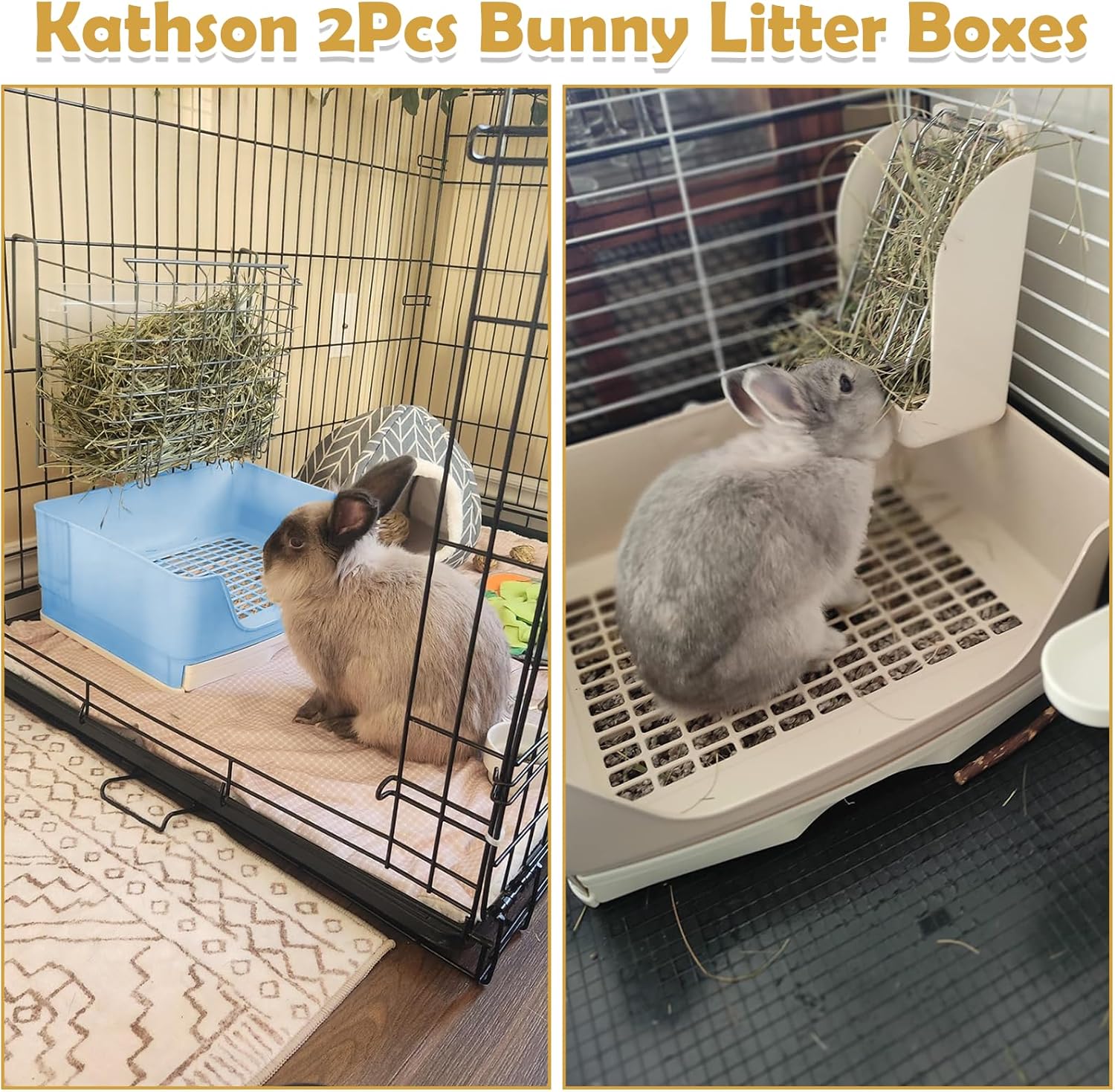 kathson 2PCS Large Rabbit Litter Box Trainer, Potty Corner Toilet with Drawer Bigger Pet Pan for Adult Hamster, Guinea Pig, Ferret, Galesaur, Bunny and Other Animals (Blue,Brown)
