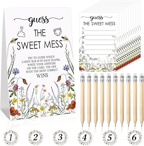 Miniatura 7 de Juego de 67 piezas de Guess The Sweet Mess Baby Shower, juego de pañales sucios, incluye letrero de Adivina el dulce lío, 50 tarjetas pequeñas, 10