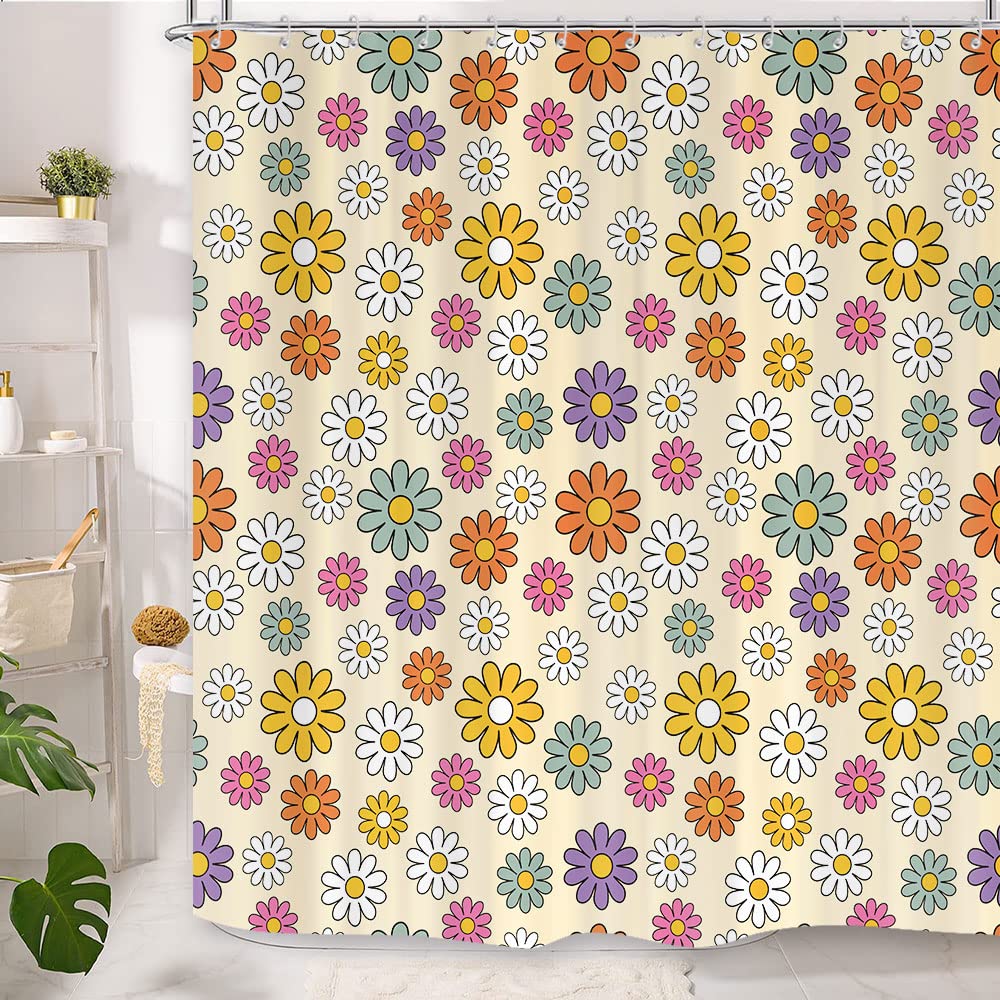 Retro 70S Floral Shower Curtain for Bathroom, Vintage 80S 70S 60S Hippie Shower Curtain, Groovy Colorful Minimalist Daisies Flower Boho Shower Curtain