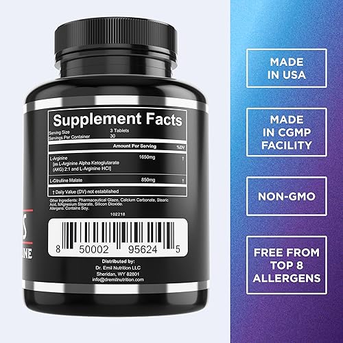Miniatura 2 de Dr Emils ARGININE Plus - L arginina  L citrulina - 2500 mg de dosis alta sin tabletas de refuerzo - Suplemento de óxido nítrico para vascularidad y
