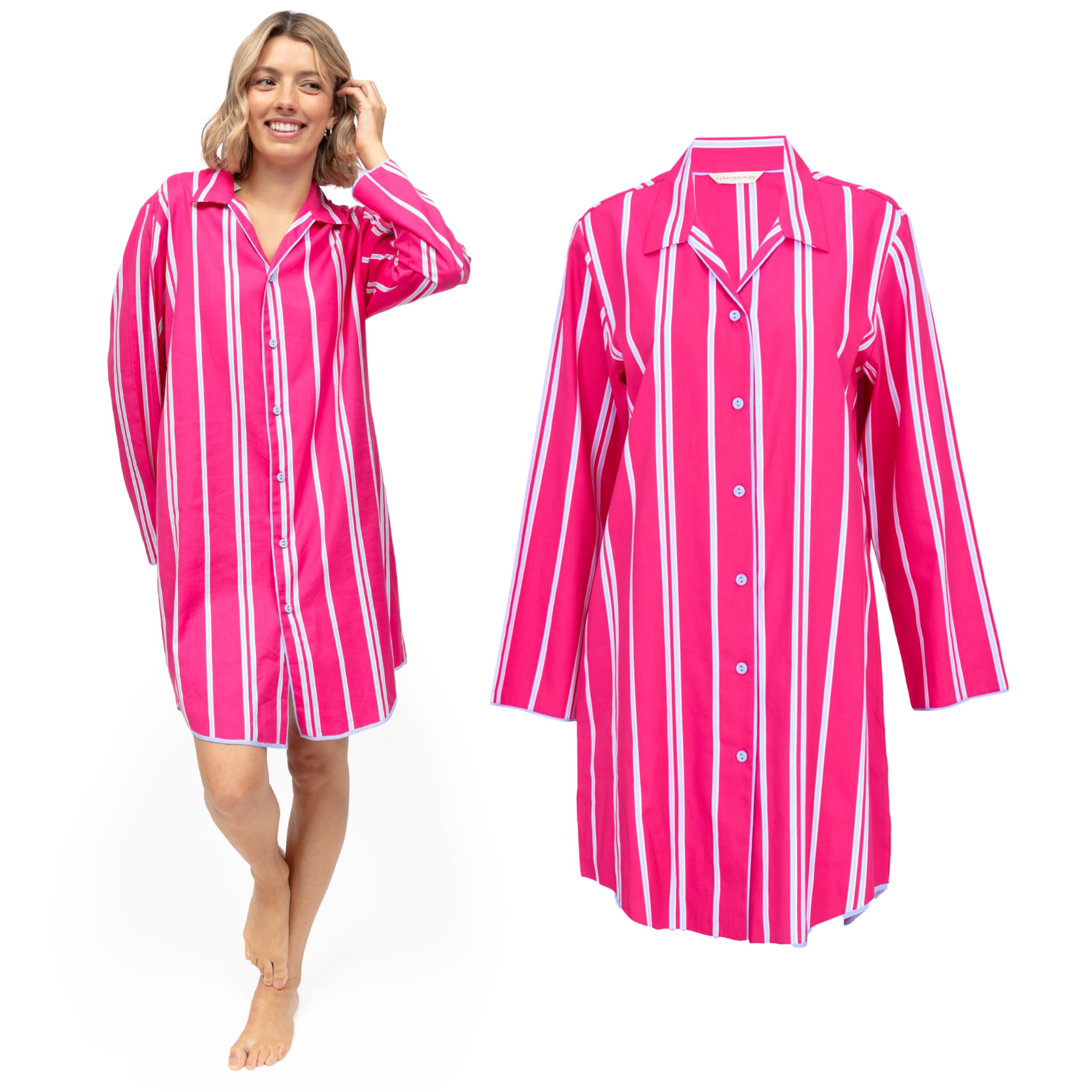 Cyberjammies Chloe Womens Printed Stripe Nightshirt | Cotton Modal Pink Nightwear PJs | Ladies Pyjamas | Stylish Lounge Wear Set