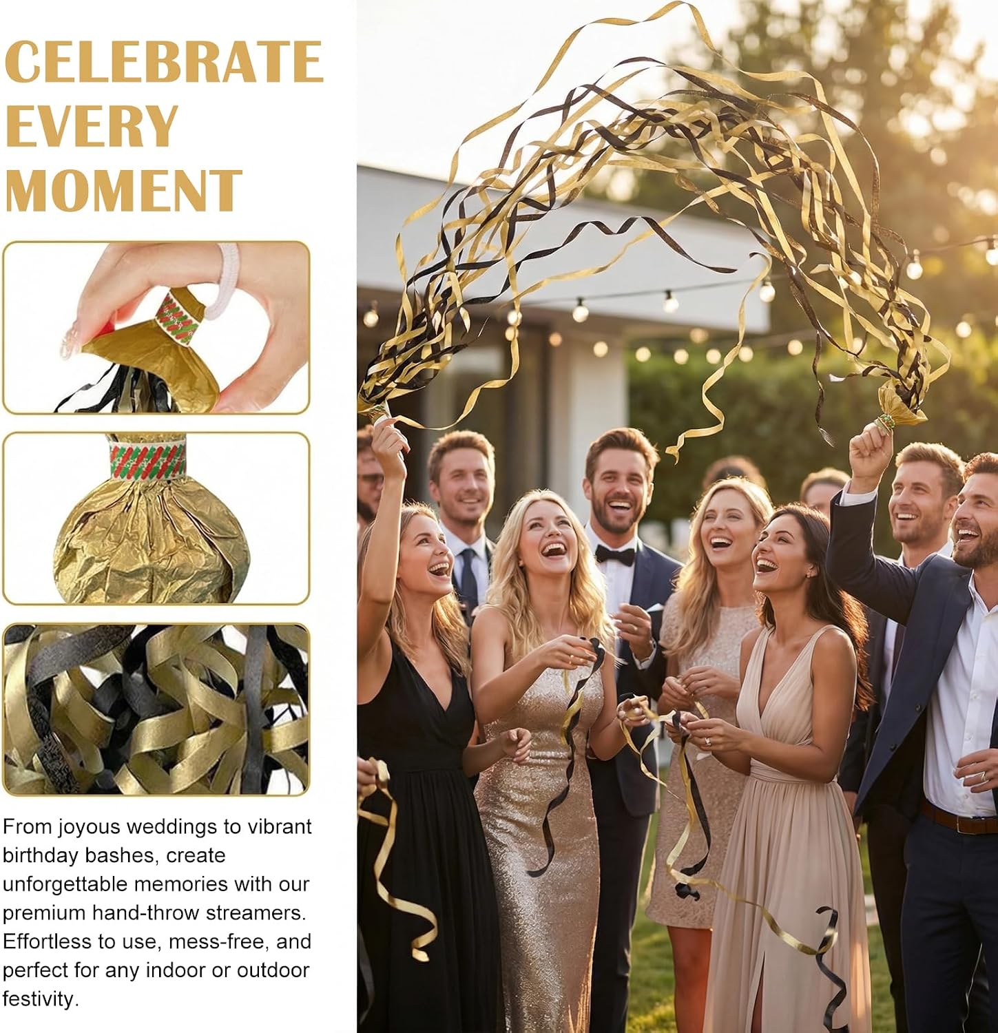 40 Pack Streamers Poppers, No Mess Confetti Poppers,Throw Streamers Easy to Clean Handheld Poppers for Celebrations Birthday Weddings and Party Events(Golden)