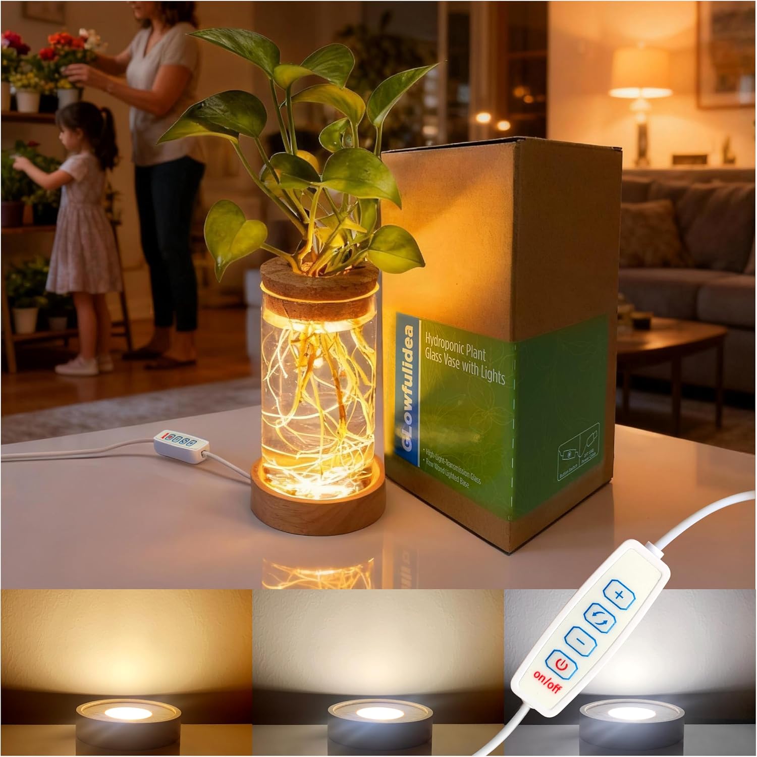 2Pack Plant Propagation Station with 9-Level Adjustable LED Light, Glass Planter Station with Waterproof Lighted Wooden Base, Desktop Hydroponic Plants Terrarium Vases Jars for Home & Office Decor
