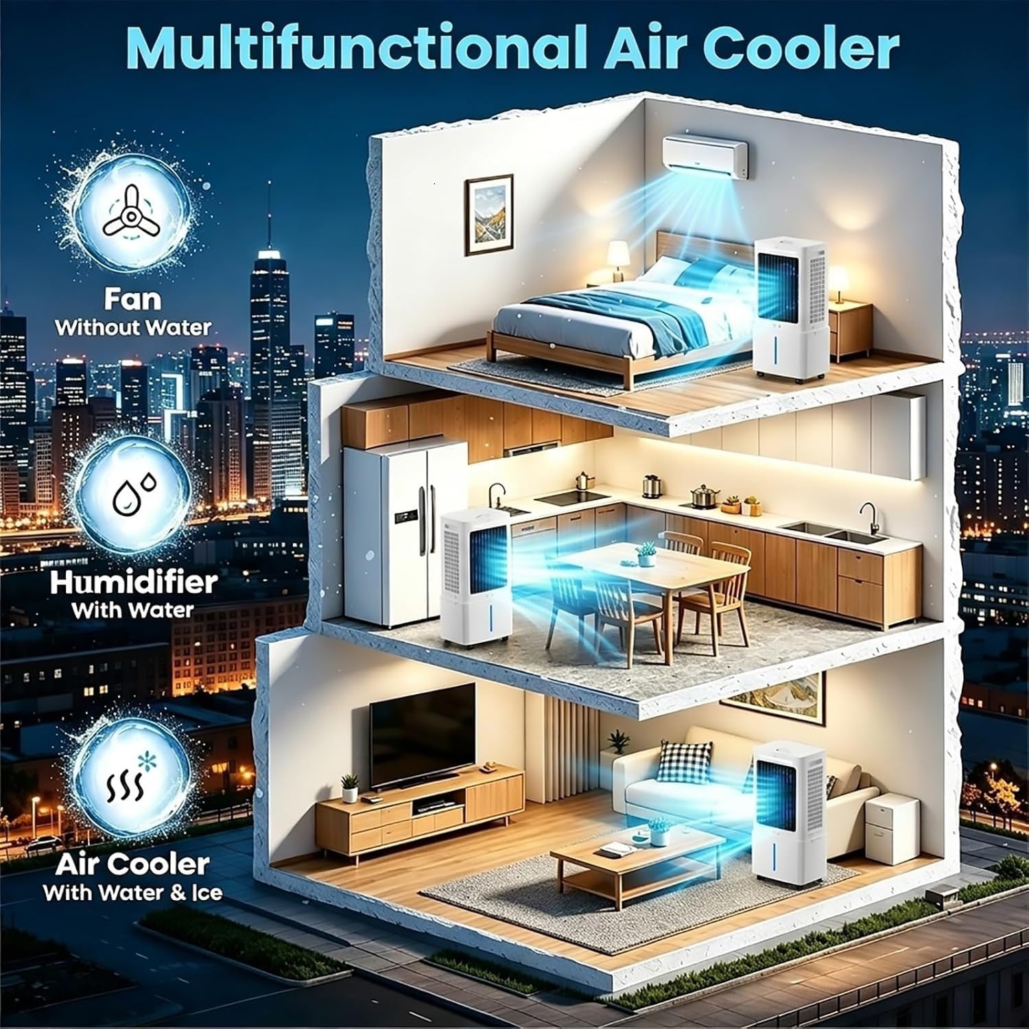 Aire Acondicionado Portatil 25L con 3 Velocidades 3 Modos Temporizador 12H Control Remoto Aire Acondicionado 3 en 1 Sin Tubo Exterior Enfriador de Aire Portátil para Sala de Estar 29*26*61.5CM