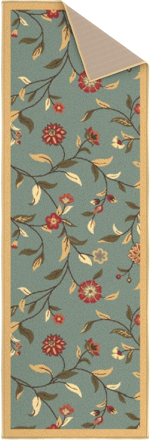 Ottomanson Hallway Runner Rug 20" x 59" Non Slip Floral Area Rugs Easy to Clean Laundry Rug Runner Durable Floor Carpet Runners for Hallways Entryway Living Room Kitchen Bathroom, Seafoam Green