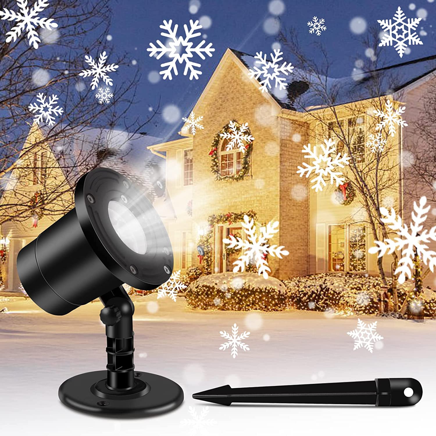 Christmas Snowflake Projector Lights, Snowfall Projector LED Lamp Outdoor, Rotating White Snow Decoration Spotlights, IP65 Waterproof Night Light, for Christmas, Halloween,Wedding, Party
