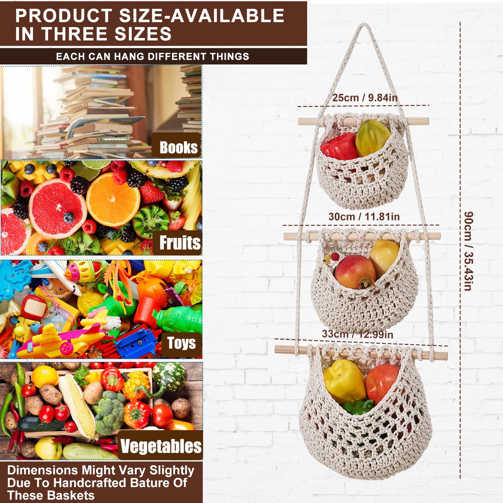 Cesto di Frutta da Appendere,Cestino da parete in corda di cotone intrecciata a mano a 3 strati,Cesto di Frutta Verdura Boho da Appendere,Appendino per Porta Cesto Decorativo per Cucina (Bianco)