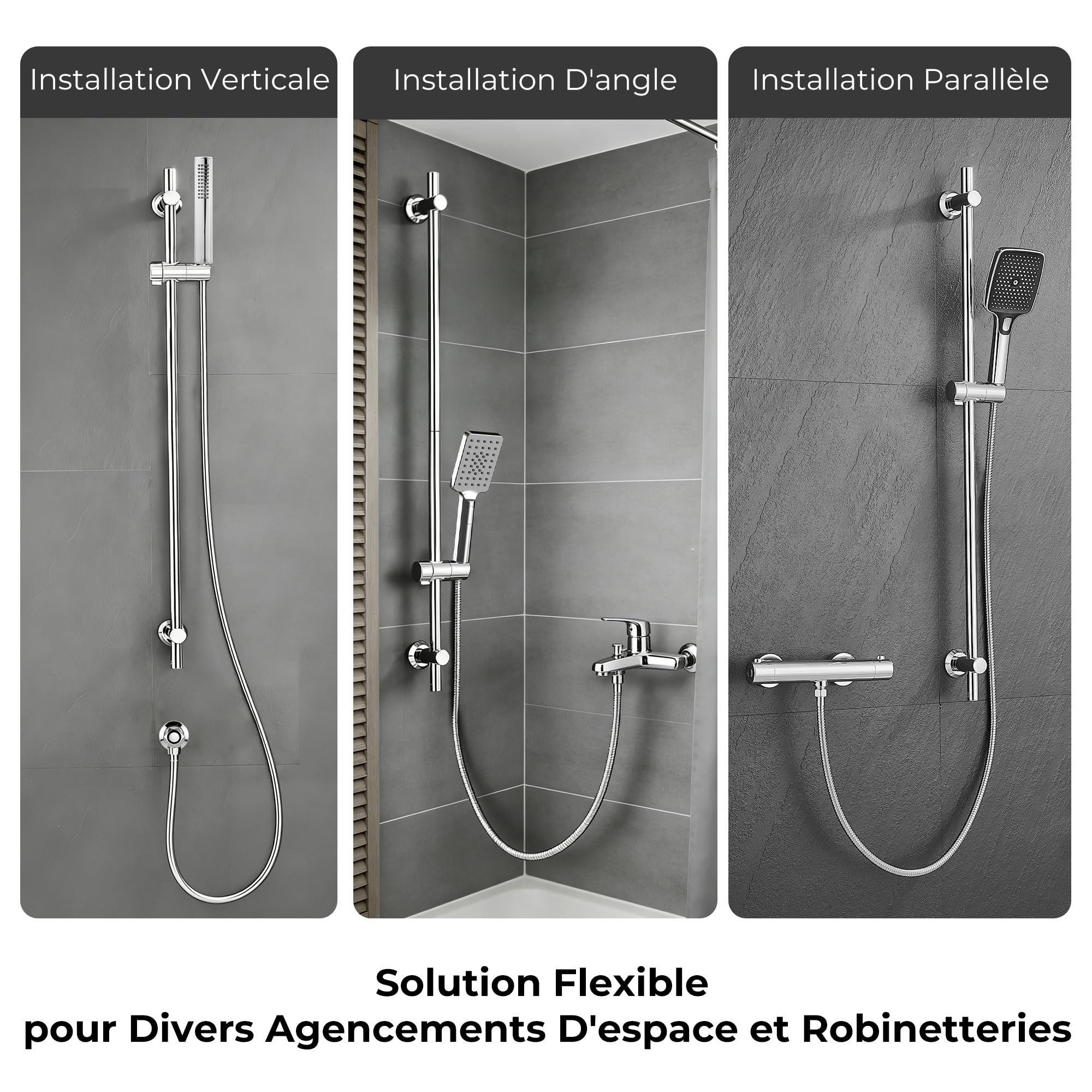 Görbach Barre de douche en acier inoxydable 100 cm avec support de douchette réglable, supports muraux compatibles avec trous de existants, compatible avec douchette à main standard, chromé