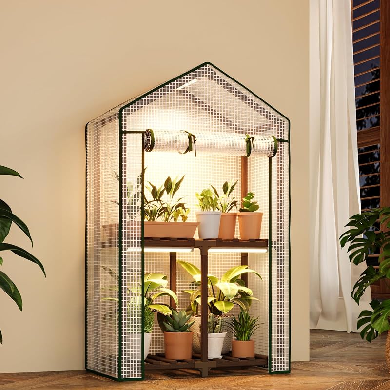 Bamworld Small Greenhouse for Indoors with Grow Lights Greenhouses for Seed Starting Small Portable Green Houses Waterproof PVC Cover & Adjustable Shelves