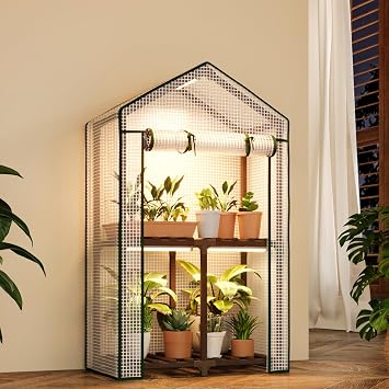 Bamworld Small Greenhouse for Indoors with Grow Lights Greenhouses for Seed Starting Small Portable Green Houses Waterproof PVC Cover & Adjustable Shelves