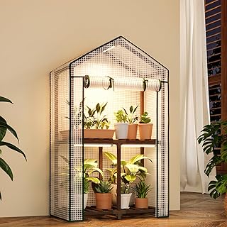 Bamworld Mini Greenhouse with Grow Light Plant Stand for Mutiple Pots Outdoor 2-Tierd Reusable