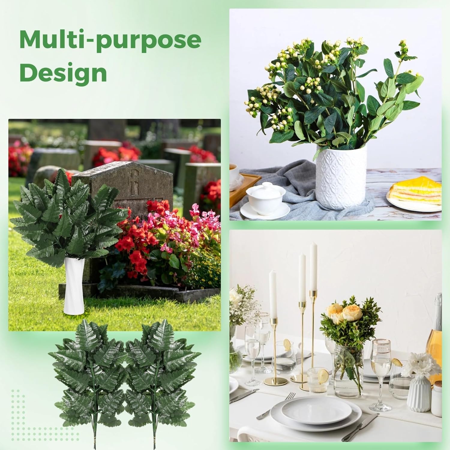 120 Pack Artificial Silk Green Fern Cemetery Flowers Leaf, Silk Green Fern Leaves, Realistic Greenery Stems for Cemetery Grave, Headstone Floral Arranging Supplies, Ideal for Outdoor Wedding Decor