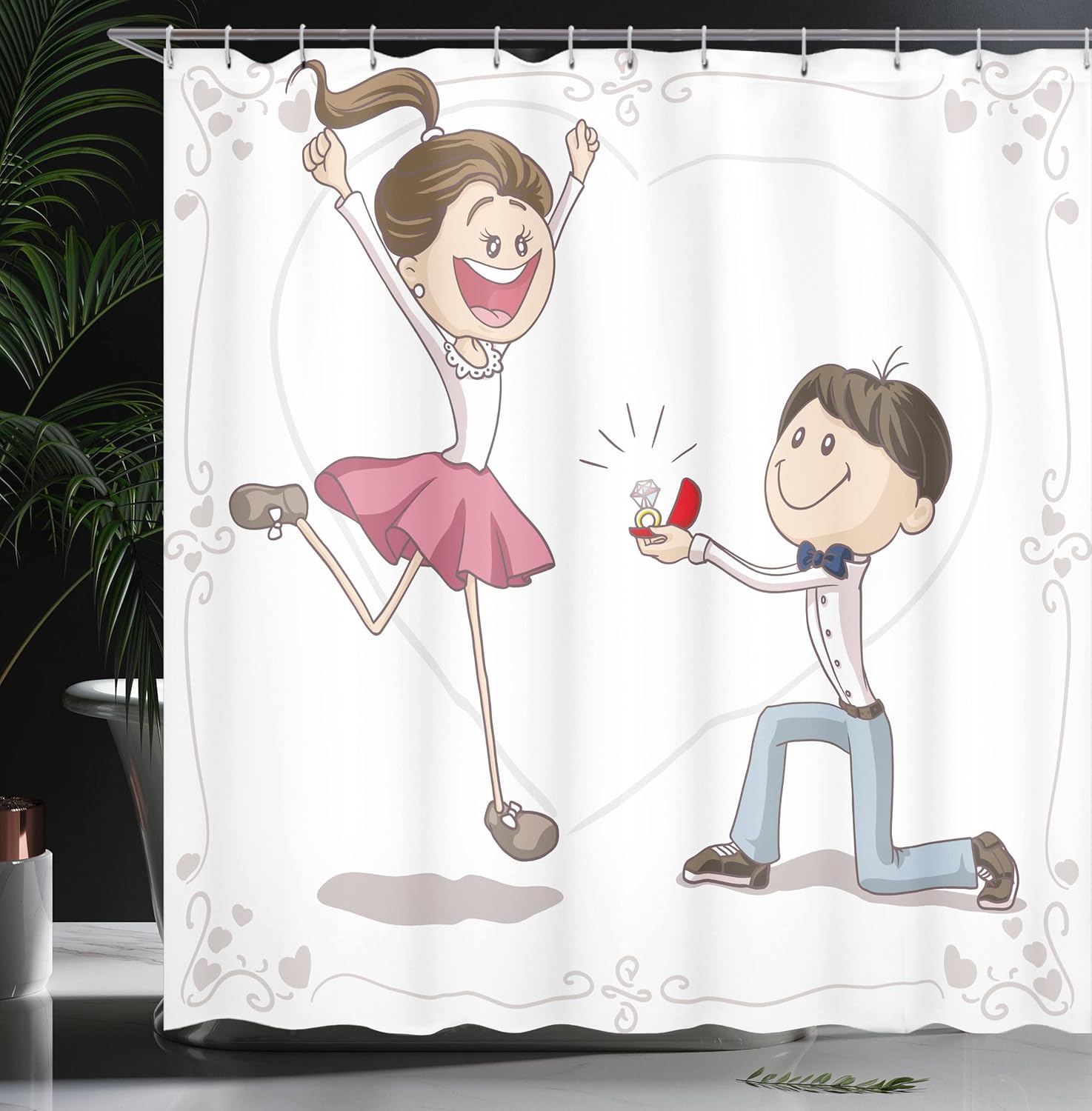 Ambesonne Engagement Party Shower Curtain, Celebration Cartoon of Romantic Couple with Wedding Ring, Cloth Fabric Bathroom Decor Set with Hooks, 69" W x 70" L, Pink Blue and White