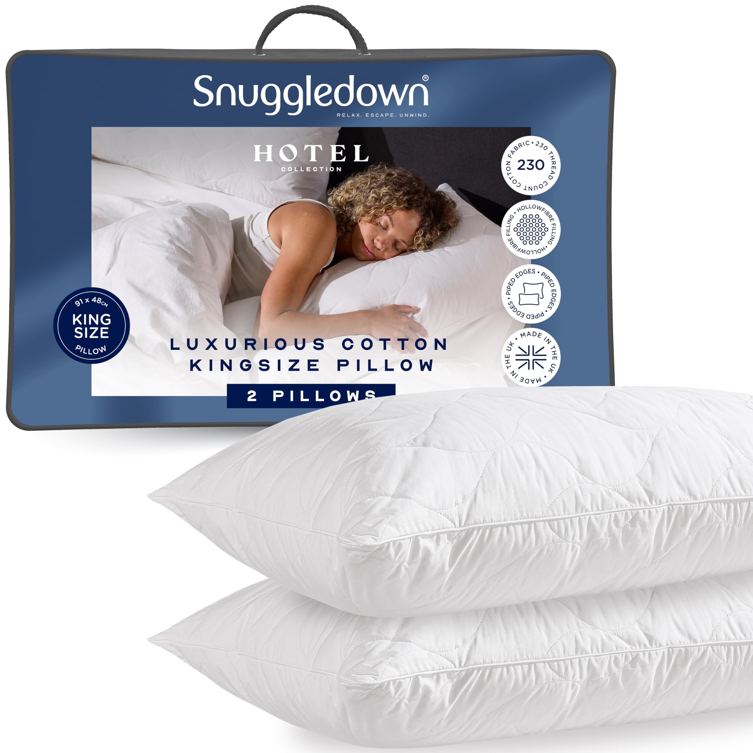 Snuggledown Cotton Quilted King Size Pillows 2 Pack - Hotel Quality Extra-Wide Pillow for Spacious Comfort, Better Support & Restful Sleep | UK-Made, Non-Allergenic & Washable (48x91cm)