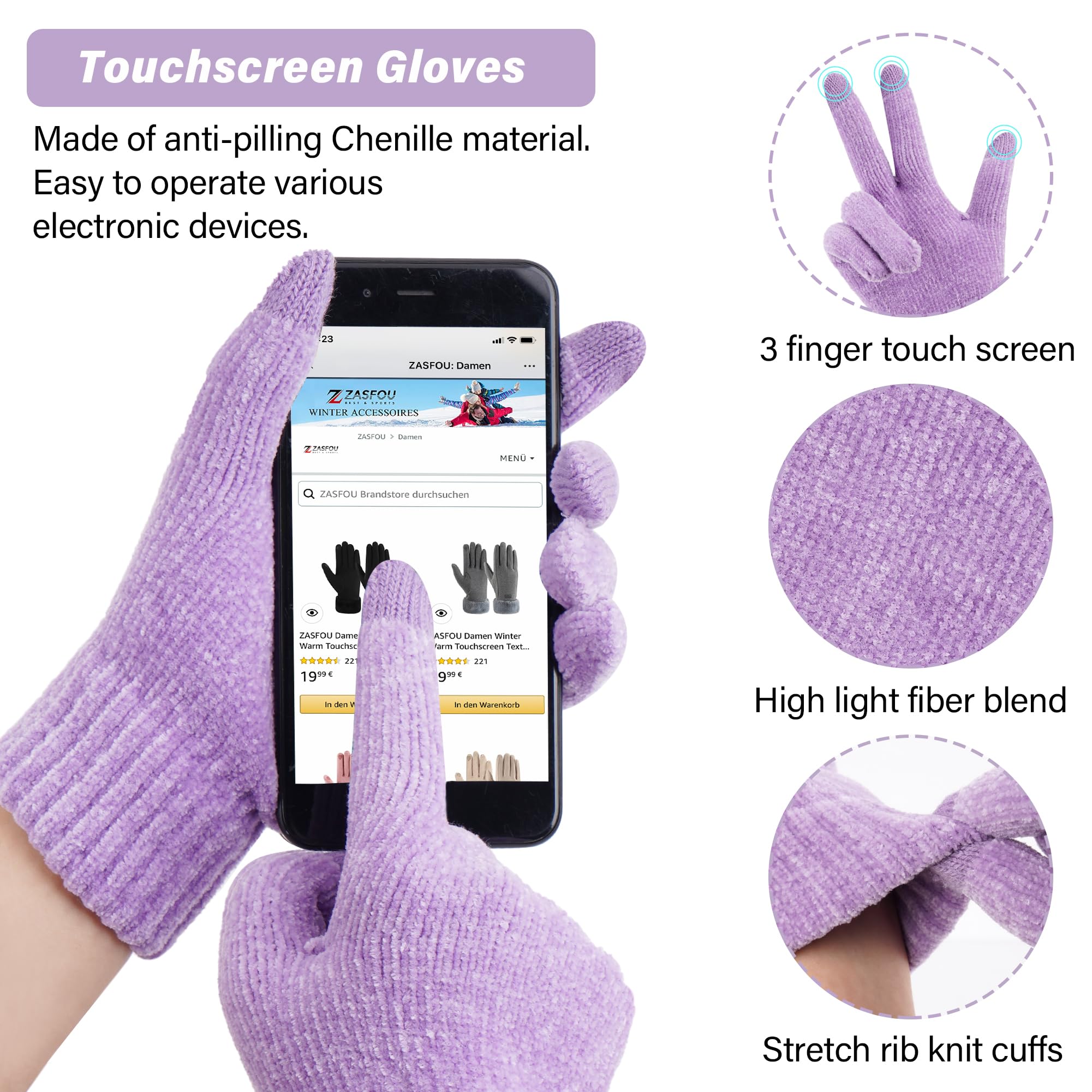 ZASFOU Damen Winter Beanie Mützen Schal Touchscreen Handschuhe Set Chenille Strick Wintermütze Winterhandschuhe Loop Schal