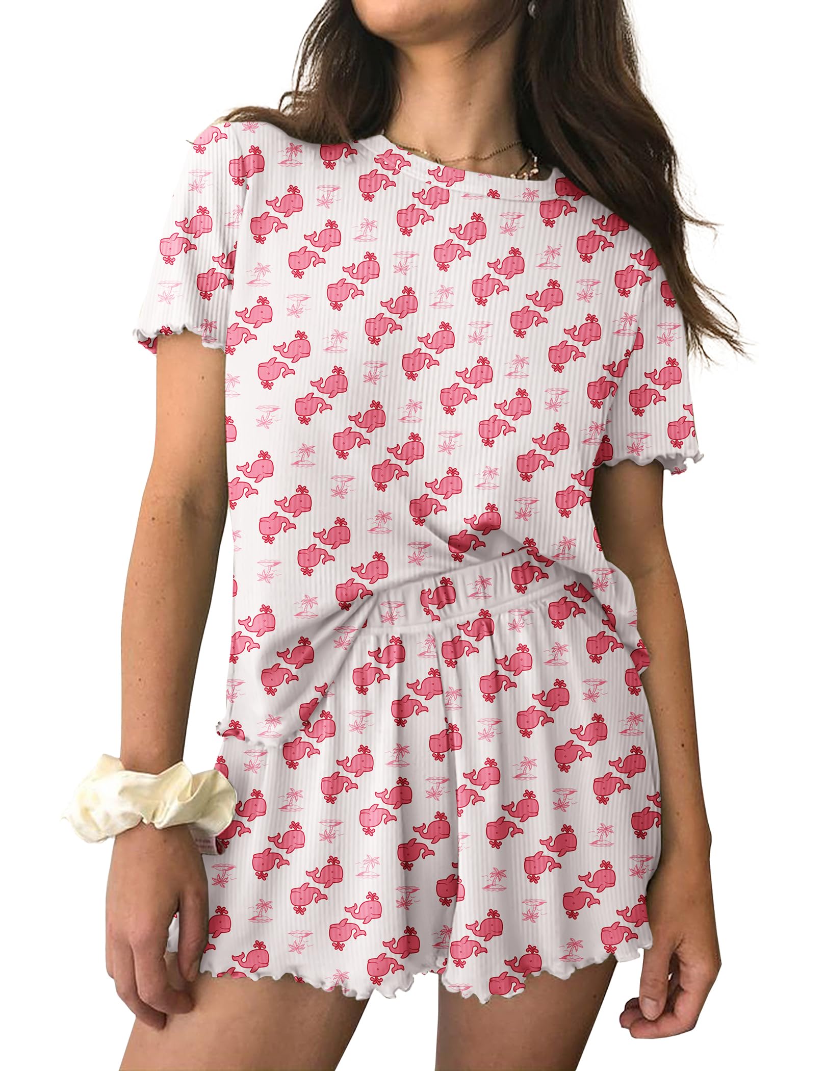 Ekouaer Womens Pajamas 2 Piece Ribbed Knit Pjs Short Sleeve Sleepwear Set Summer Soft Pajamas Set Casual Lounge Sets