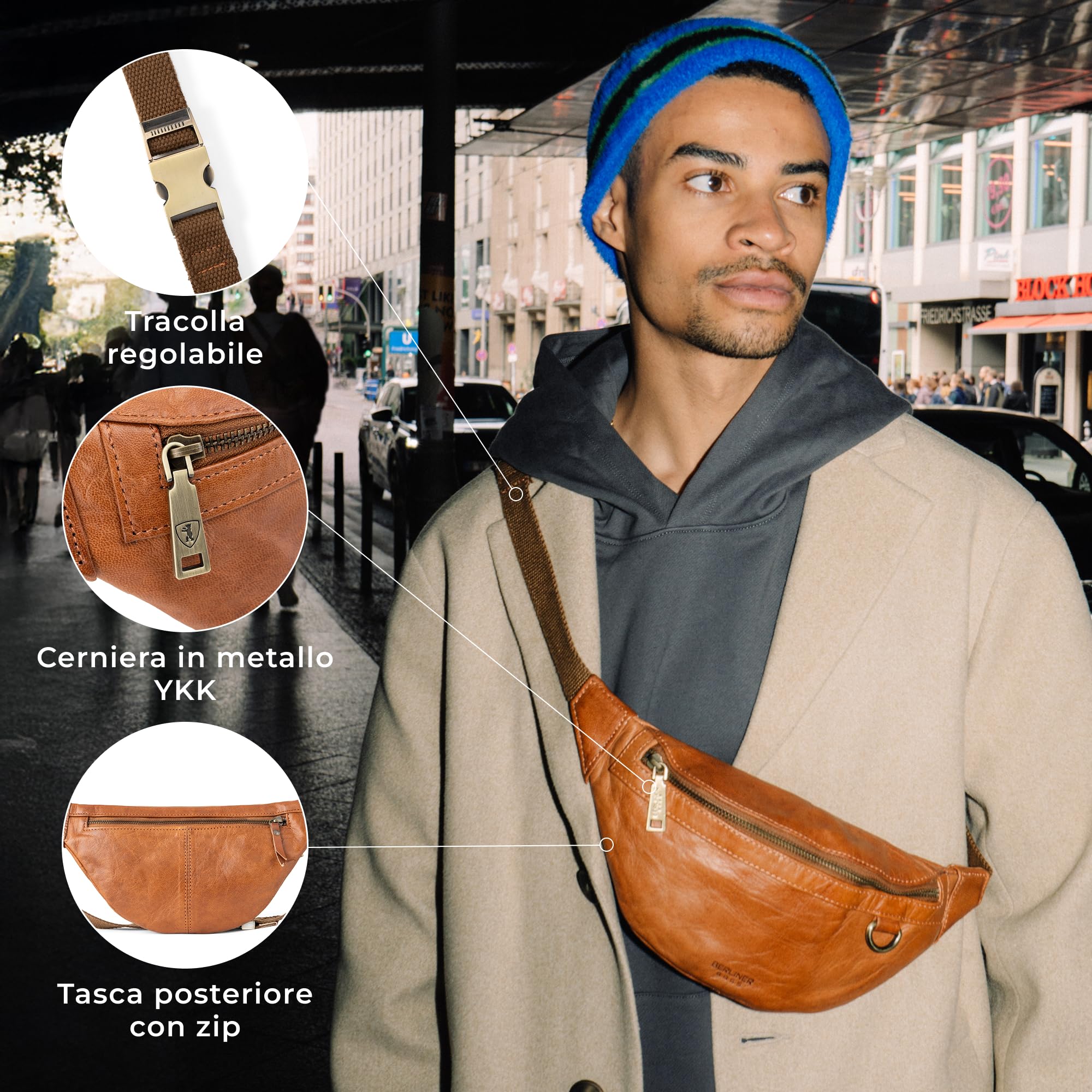 Berliner Bags Marsupio da Cintura Turin, Waist Bag Unisex Regolabile, Marsupio Uomo e Donna – Marrone