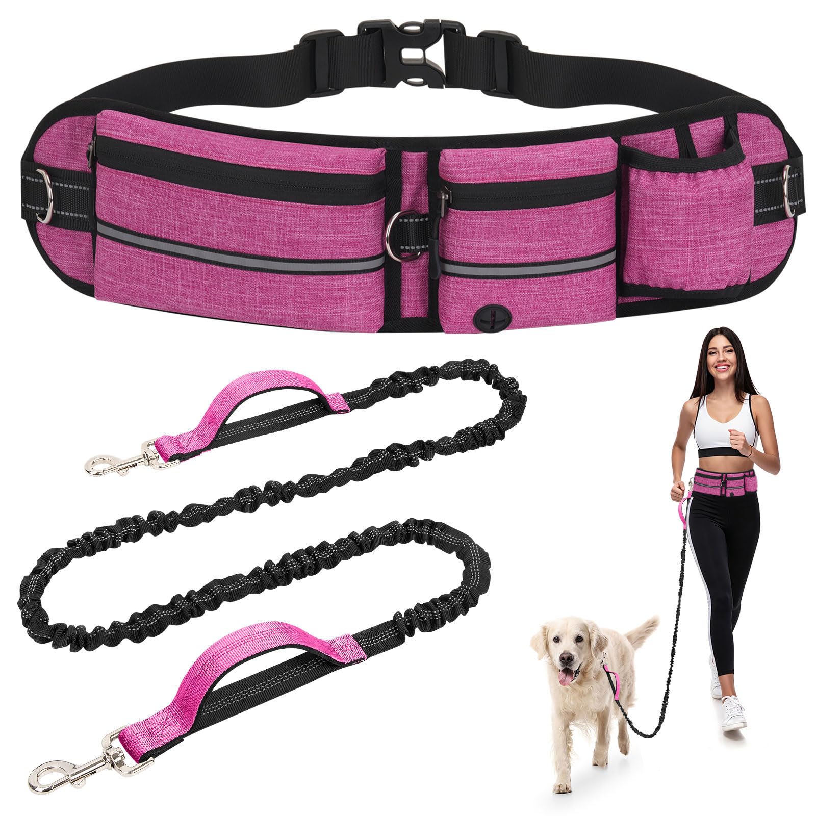 Riñonera Paseo Perro con Correa Manos Libres Elástica, Cinturón Ajustable con Bolsillo, Correa Elástica Desmontable 1.5-2.2m, Cinturón Ajustable y Costuras Reflectantes, Rojo Rosado