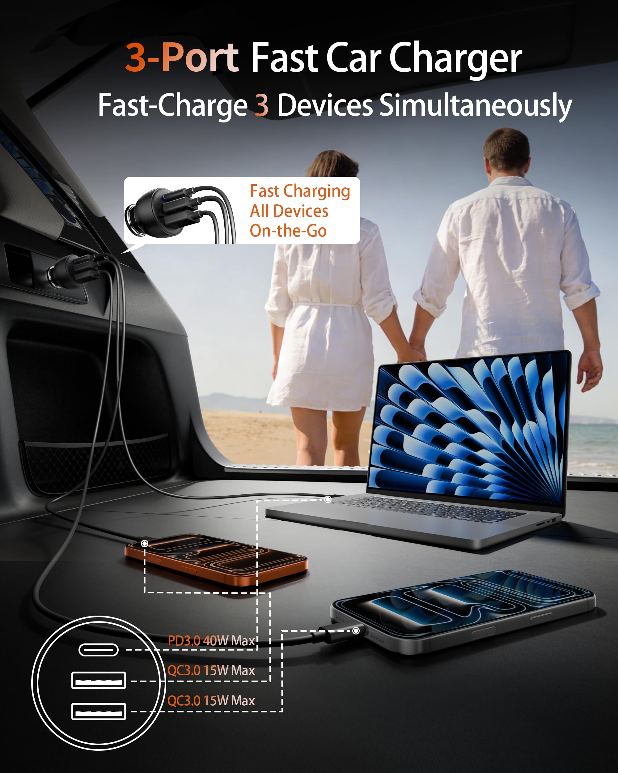 Cargador de coche USB C, paquete de 2 unidades, 70 W, 3 puertos PD/QC, cargador USB, adaptador de teléfono para iPhone 17/Air/16/15/14/13/12 Pro Max, iPad, Pixel, Galaxy S25/S24/S23, Android