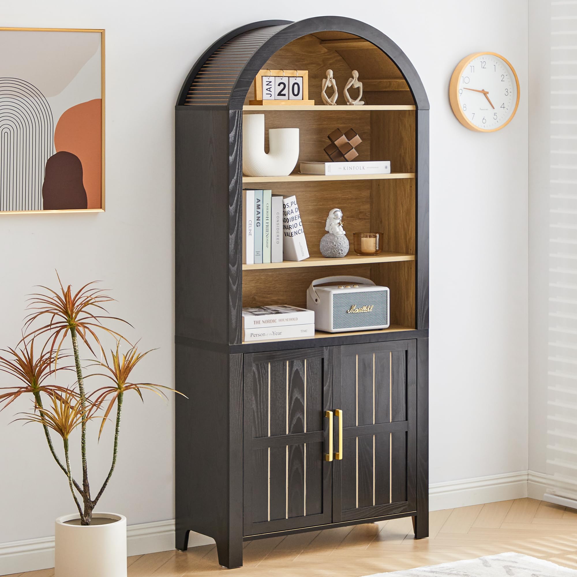 71" Tall Arched Bookcase, Arch Bookshelf with Doors , Modern Farmhouse Book Shelf Storage Cabinet with Adjustable Shelves, Wood Bookshelf w/Open Display for Living Room, Office Decor (Black/Natural)
