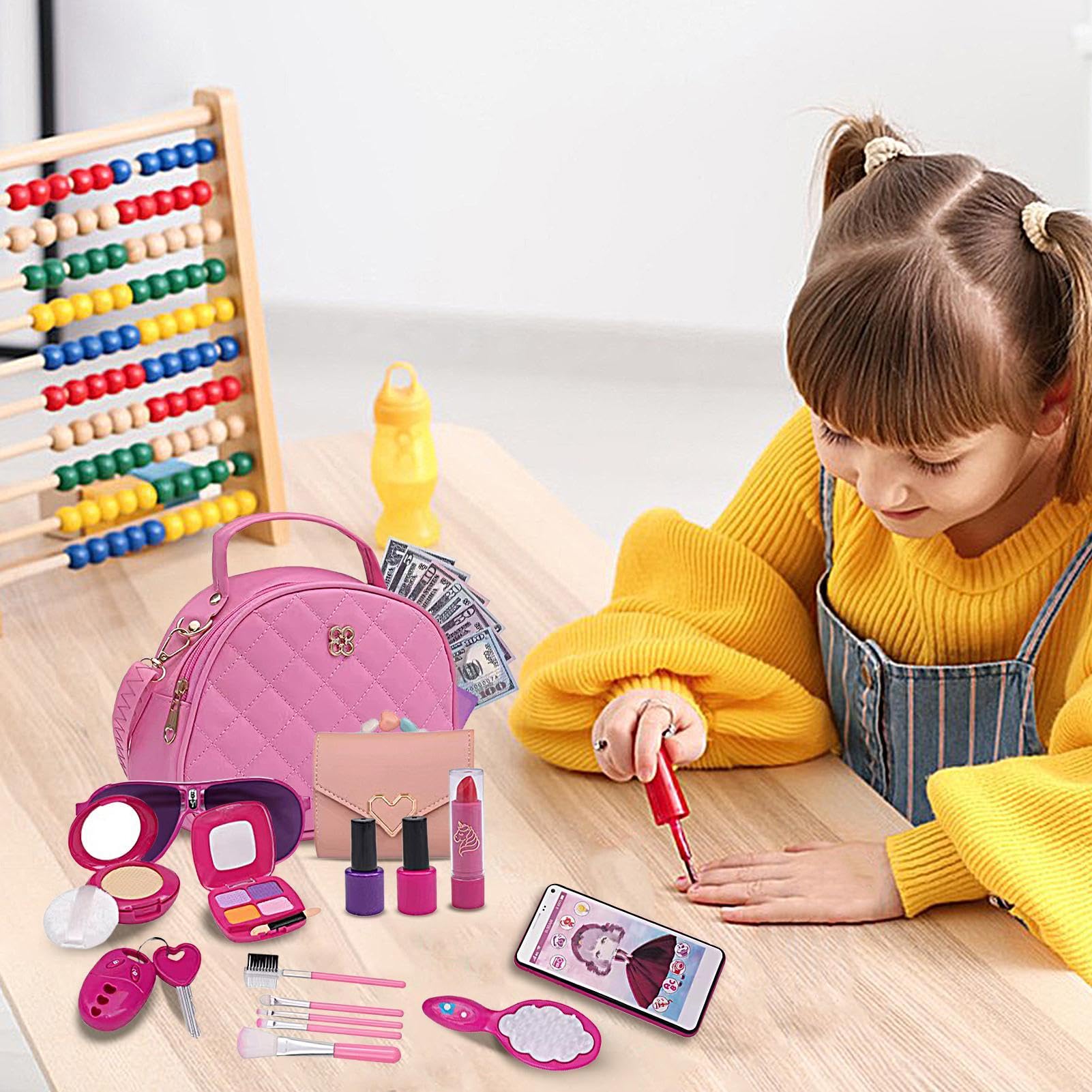 Monedero de Juego para niños pequeños, Monedero de con Accesorios - Juego de Juguetes 27X | Juguetes de Maquillaje para Juegos de simulación, Que Incluyen Billetera, teléfonos, Gafas de