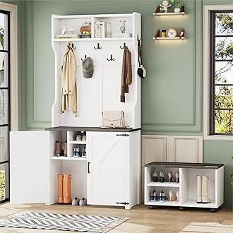 Merax 4-in-1 Farmhouse Wood Hall Tree with Movable Bench & Storage Cabinet, 76.9" H Coat Rack with 7 Hooks & 6 Brake Wheels for Entryway, Hallway White