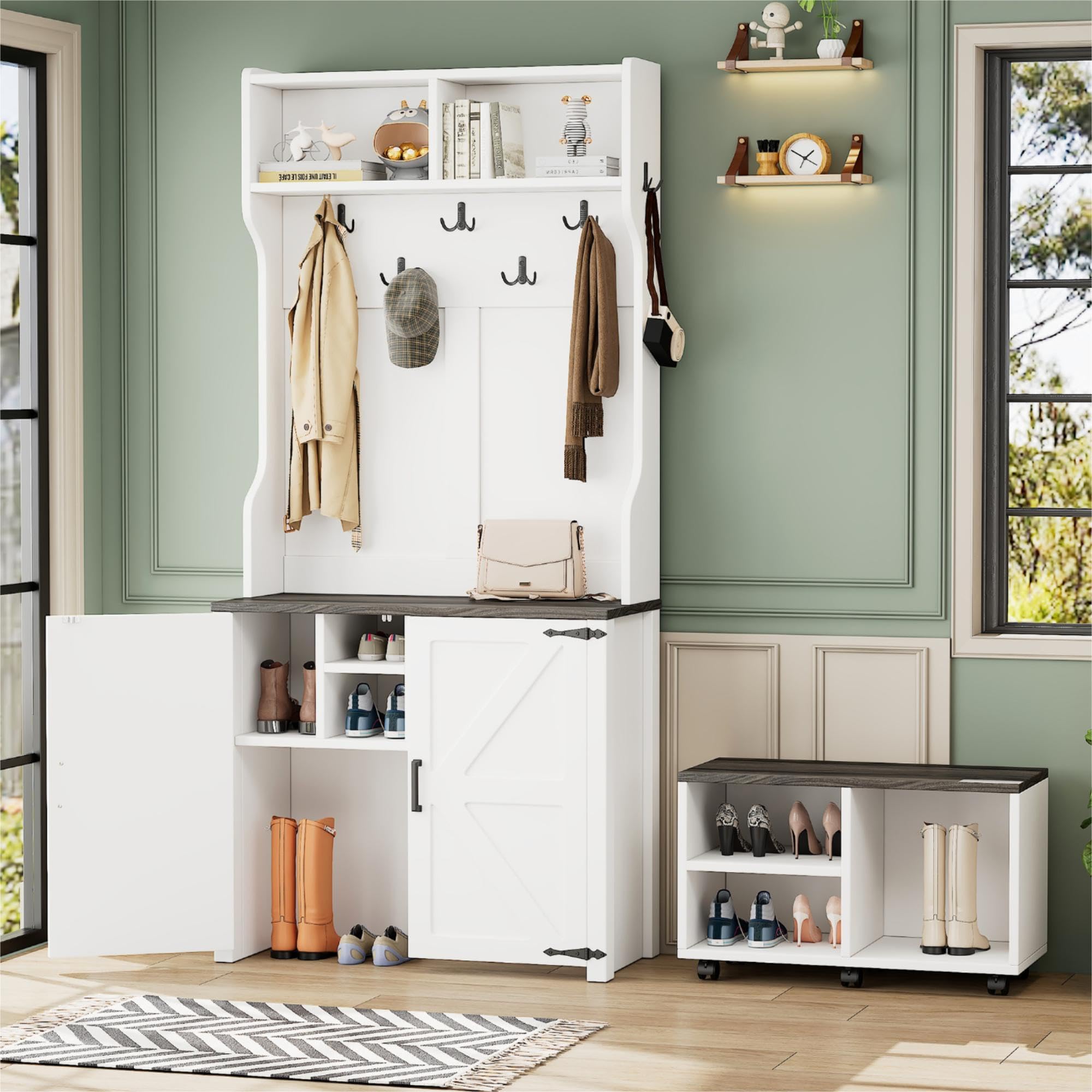 Merax 4-in-1 Farmhouse Wood Hall Tree with Movable Bench & Storage Cabinet, 76.9" H Coat Rack with 7 Hooks & 6 Brake Wheels for Entryway, Hallway White