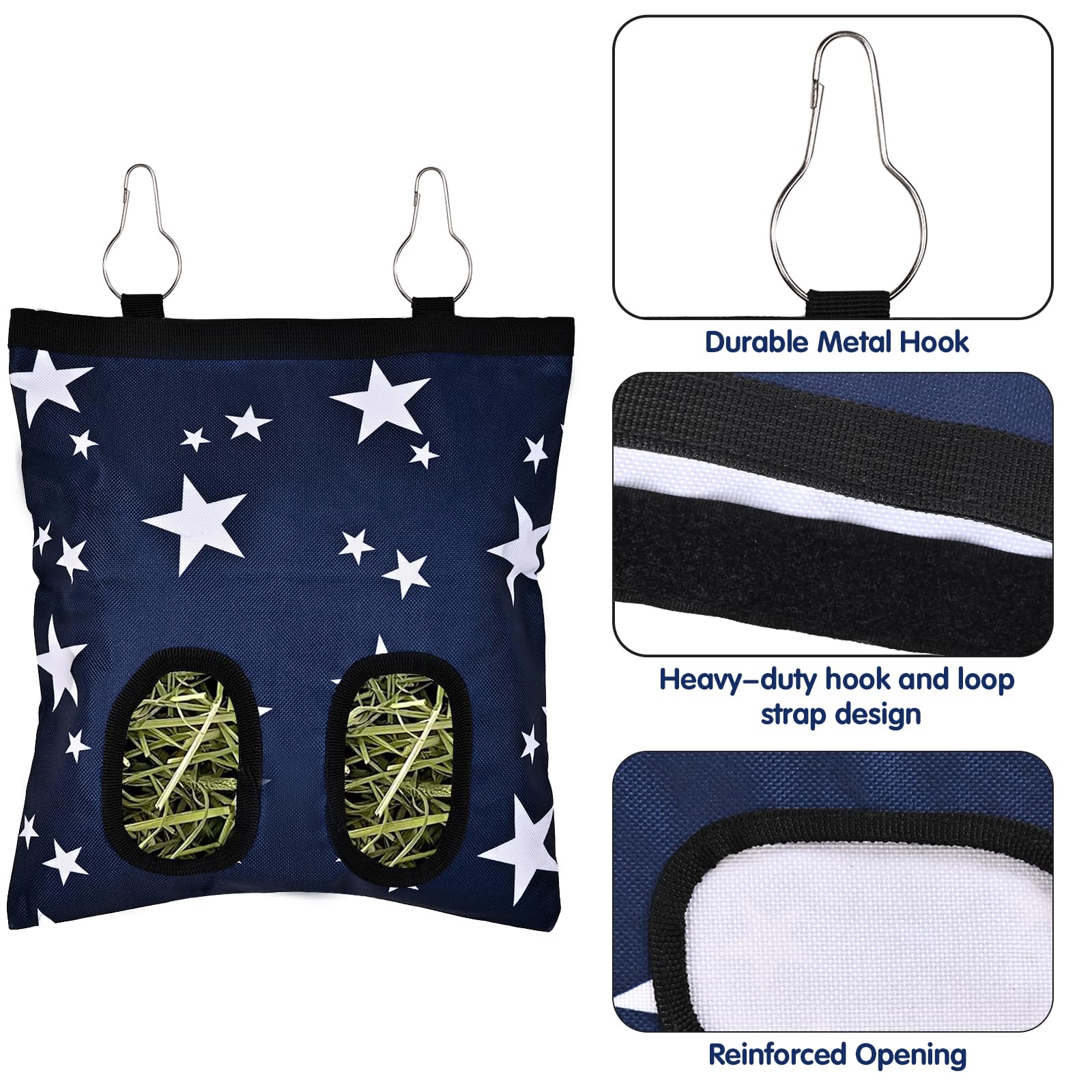 Upgraded Rabbits Hay Feeder Bag for Bunny, Guinea Pigs, Chinchillas - Hanging Washable 2-Hole Hay Dispenser with 600D Oxford Fabric, Small Animal Cage Accessories (Blue Star) - image 3