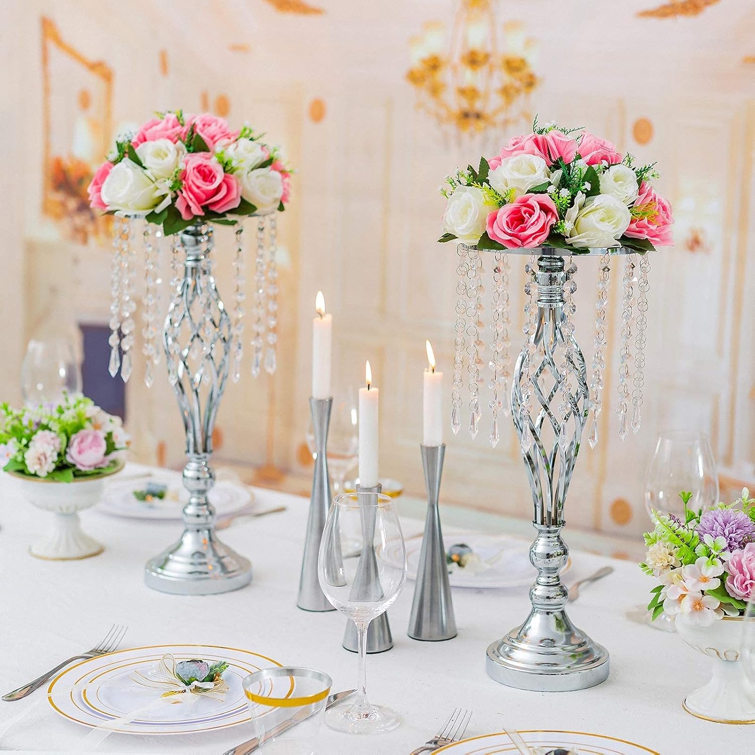 Sziqiqi Wedding Table Flower Centerpiece Decoration - Tabletop Metal Flowers Floor Stand Living Room 19.3inch Tall Vases Decor Table Centerpieces for Birthday Party Reception