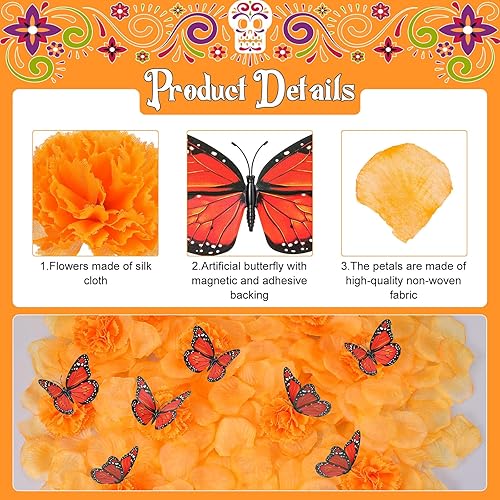 Miniatura 3 de 562 piezas de decoración Dia De Los Muertos, 50 cabezas de flores de caléndula, 12 decoraciones artificiales de mariposa y 500 pétalos de flores