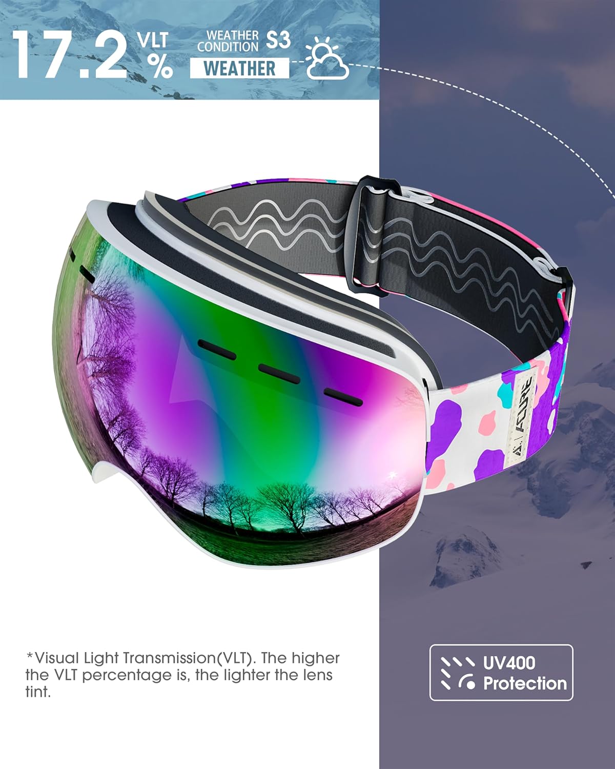 ACURE Ski Goggles, OTG - Over Glasses Snow Snowboard Goggles, Anti Fog, 100% UV400 Protection for Men Women Kids