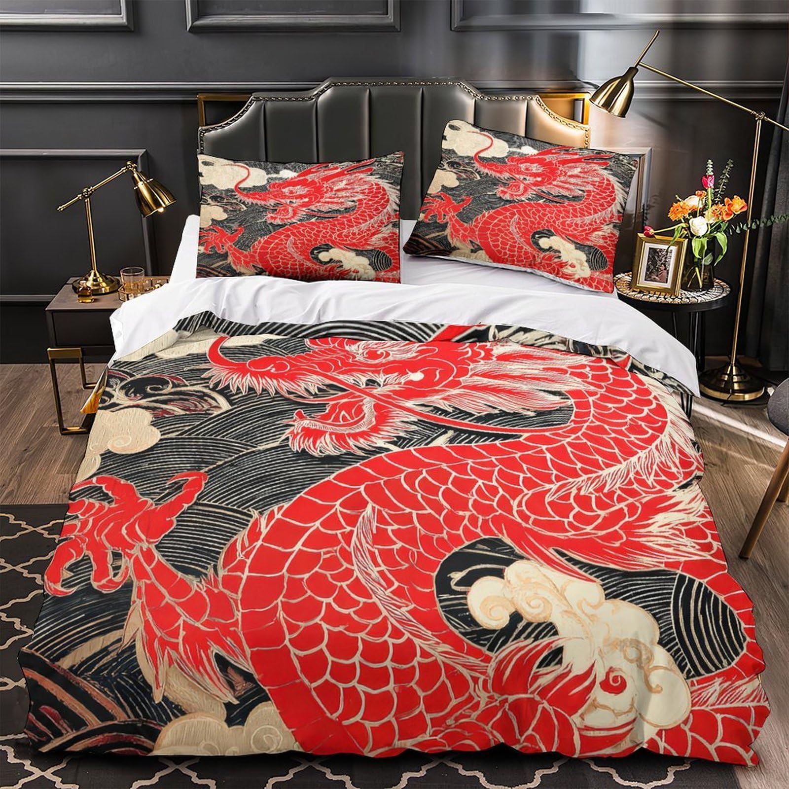 Housse de couette dragon rouge 135x200cm en microfibre douce style oriental