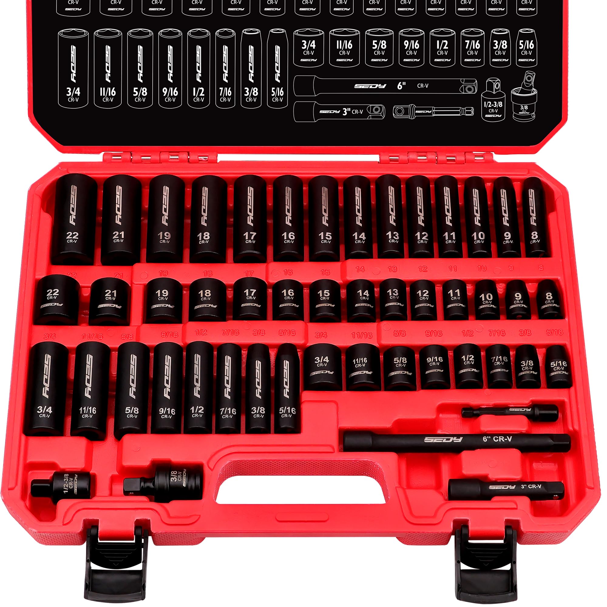 3/8" Drive Impact Socket Set - 49-Piece SAE (5/16 to 3/4 inch) and Metric (8-22mm) Sizes with Extension Bars and Universal Joint Standard & Deep CR-V Material for High Durability Impact Wrench
