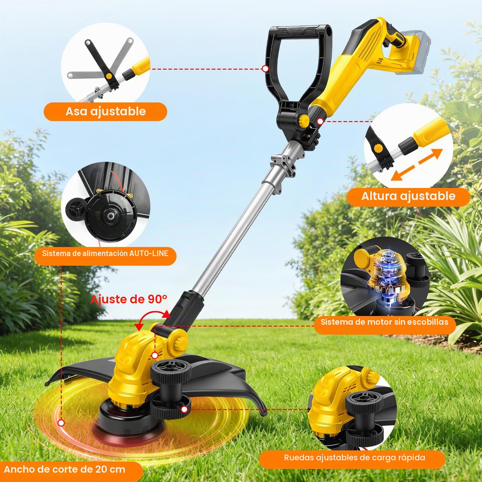 Cortacéssped con batería compatible con batería Dewalt 20V MAX, cortacésped eléctrico sin escobillas 5-en-1, ángulo de recorte plegable de 180° y 90° para cortar césped, jardín y arbustos (sin batería