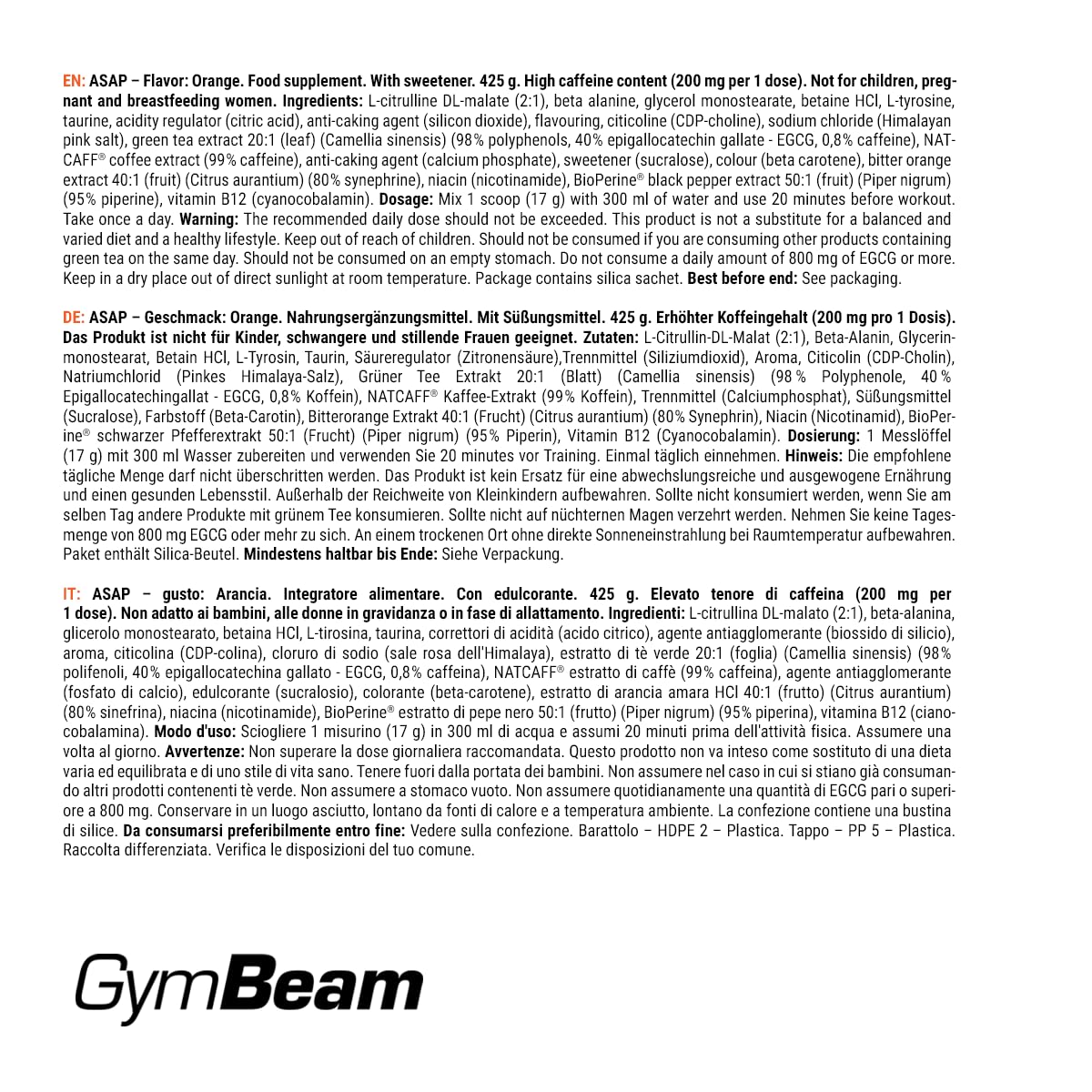 GymBeam Asap Pre-Workout Premium - Pre Allenamento Con Caffeina NATCAFF® - Integratore Pre Workout Pump Con 14 Sostanze Attive, Citrullina, Tè Verde, Niacina, Vitamina B12 (425 g, Arancia)