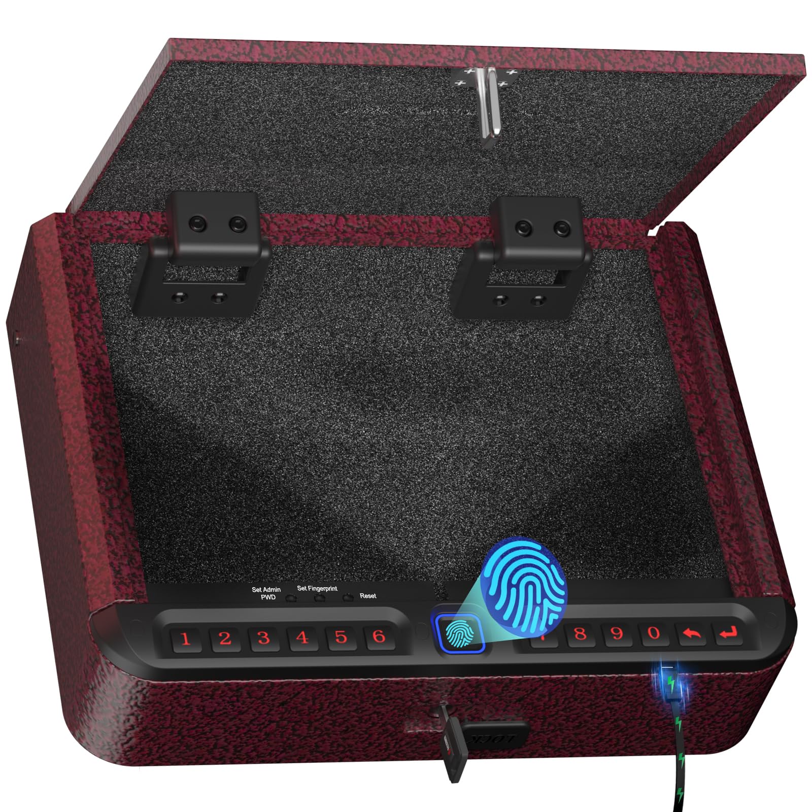 BILLCONCHGun Safe for Handgun - Biometric Pistol Safe 4 Ways Quick Access with Fingerprint/Full-digital Keypad/Key/APP Lock and Security Cable for Nightstand Bedside Home - Burgundy RedRecycled Claim Standard Blended