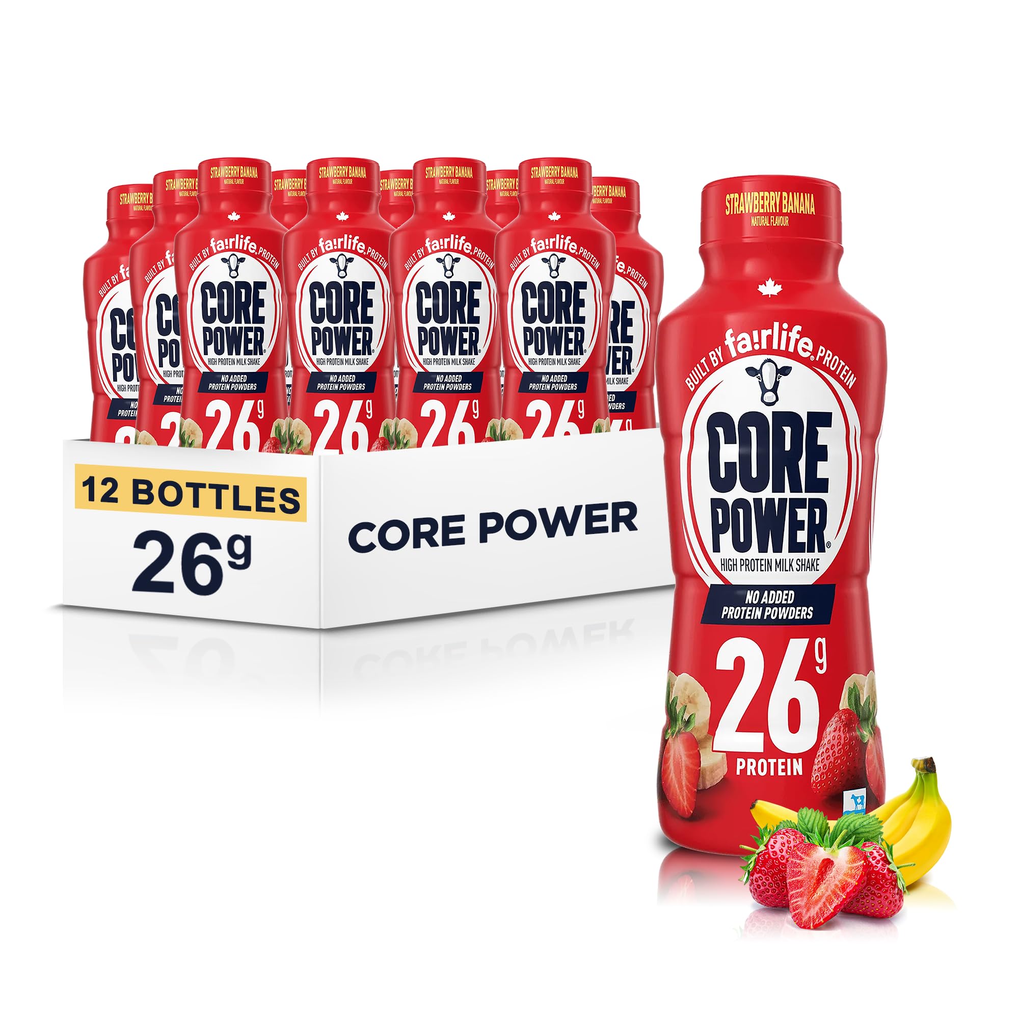 Core Power Protein Shake 26g Strawberry Banana - No Added Protein Powder with Electrolytes, Lactose-Free, Made with Ultra-Filtered Canadian Milk -