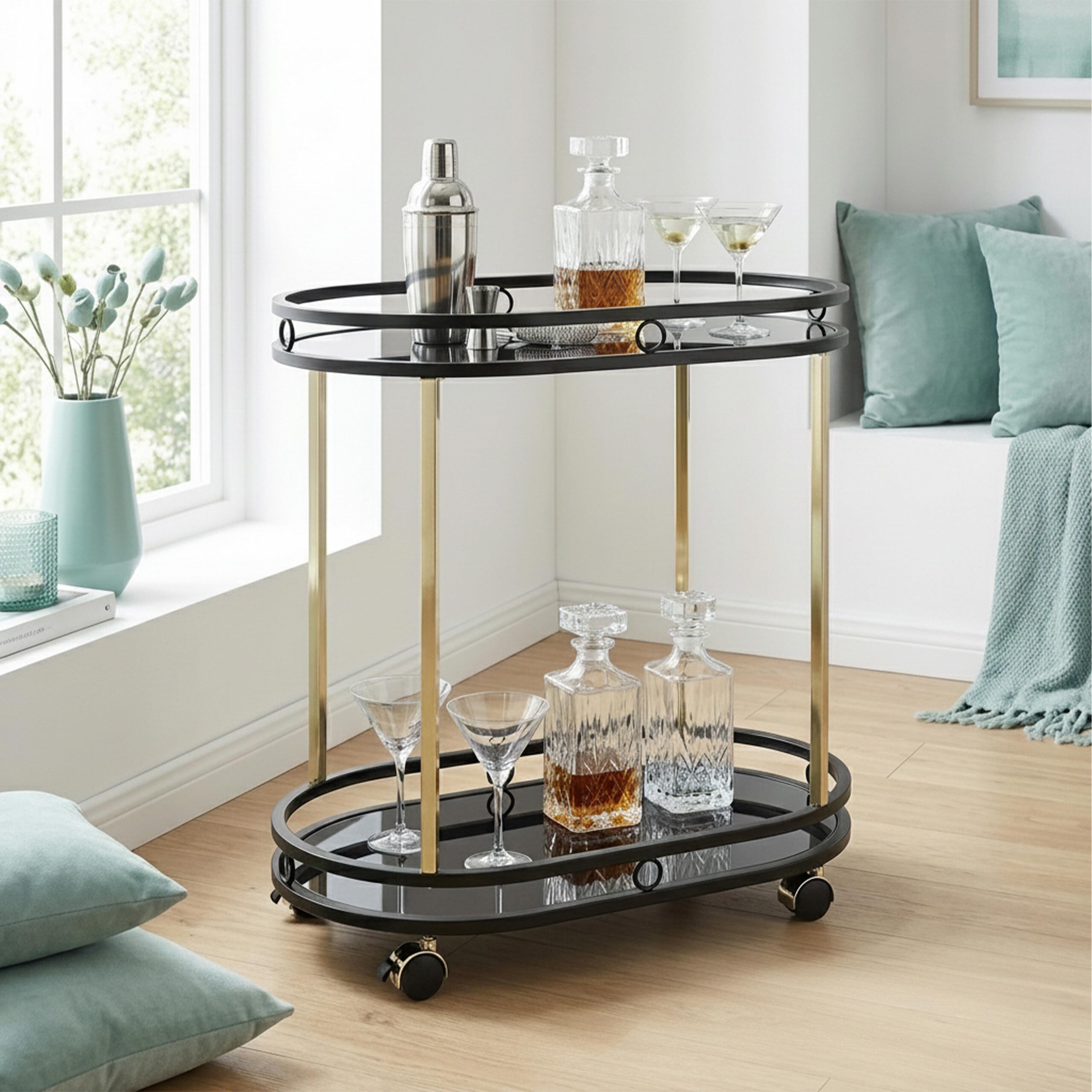 Relaxdays Carrito de Servicio, 2 bandejas, Cristal y Metal, Negro/Dorado | (Alto x Ancho x Fondo): 77,5 x 72 x 42 cm, carrito de cocina con 4 ruedas