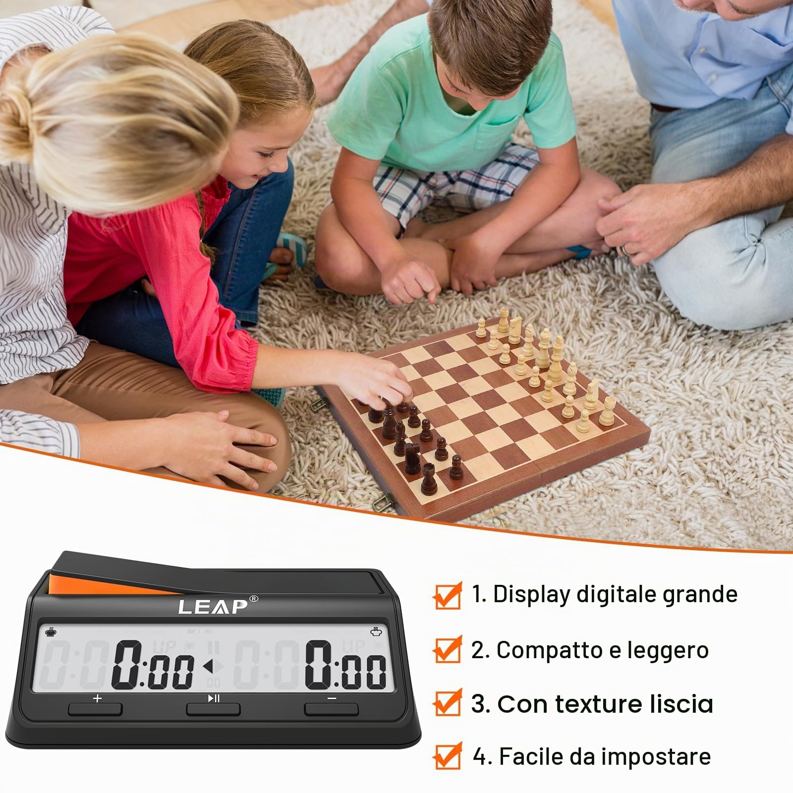 LEAP Orologio a scacchi con timer digitale aggiornato con funzione di conto alla rovescia bonus e ritardo per scacchi e giochi da tavolo per 2 giocatori, nero