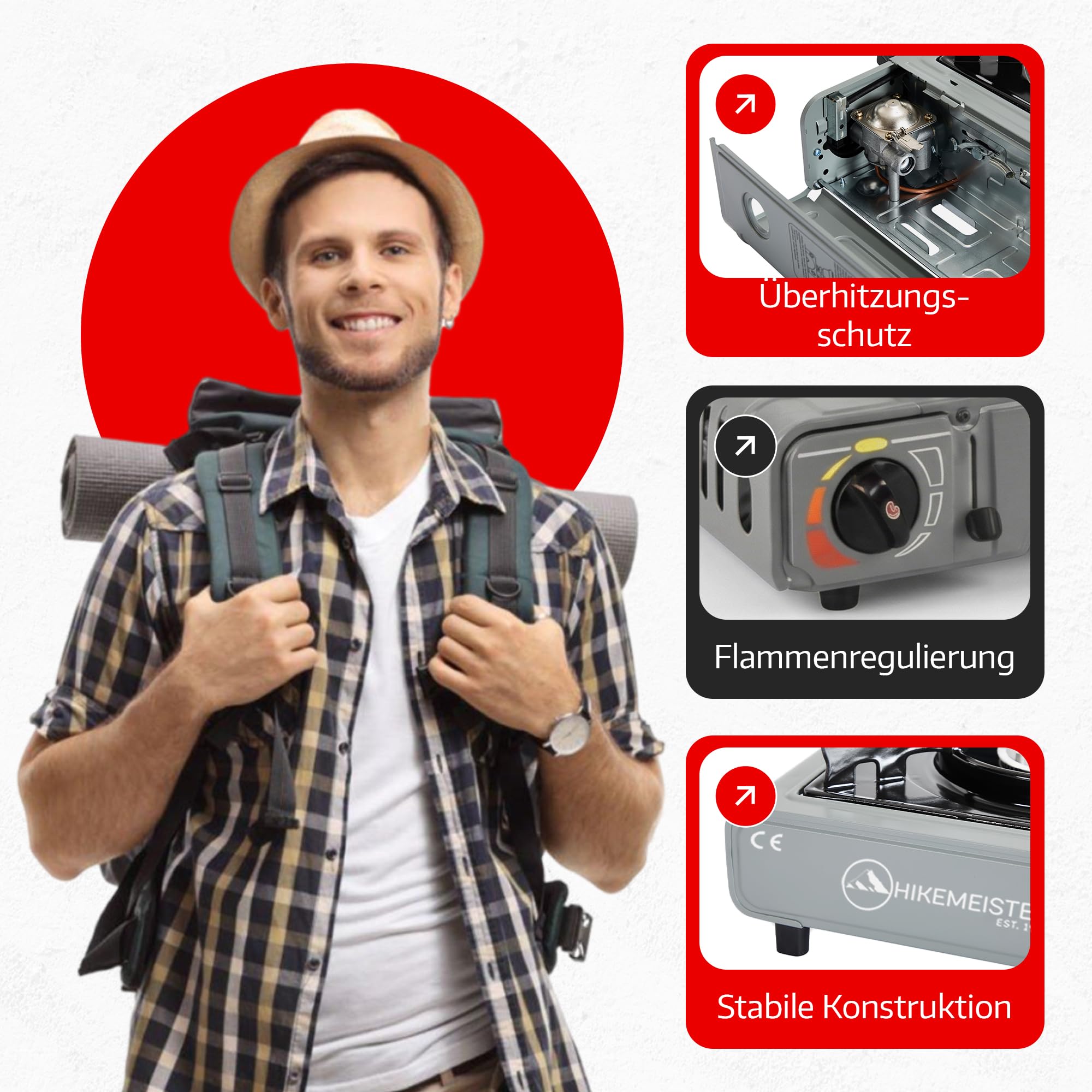 Hikemeister® Réchaud de camping à 2 feux avec plaque de cuisson et 12 cartouches de gaz - Réchaud à gaz portable 2 x 2,2 kW avec mallette de transport - Cuisinière à gaz d'extérieur pour camping