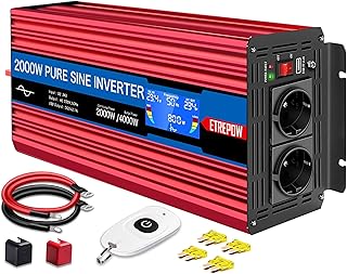 Spannungswandler 24v Auf 230v Reiner Sinus 2000w Wechselrichter mit 2 EU-Steckdose und Einer 2,1A USB,Drahtlose Fernsteuerung,LCD Bildschirm und 2 Lüftern-Spitzenleistung 4000w Kfz Konverter …