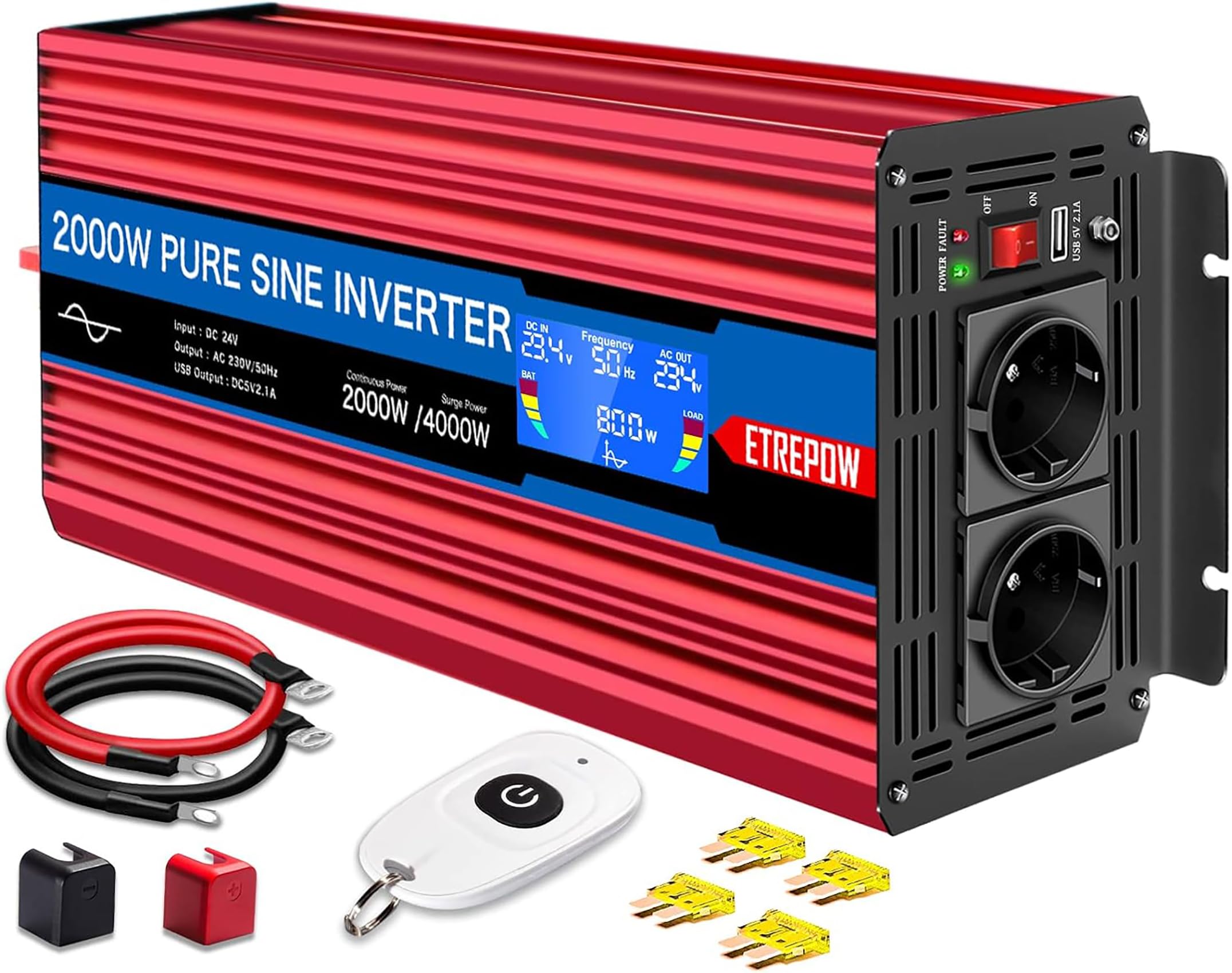 ETREPOW Inversor 24v 220v Onda Pura 3000w/6000w Convertidor de Voltaje con 2 enchufes EU y USB, Mando a Distancia inalámbrico,Pantalla LCD para Sistemas solares, caravanas, Coches, Camping — view 17