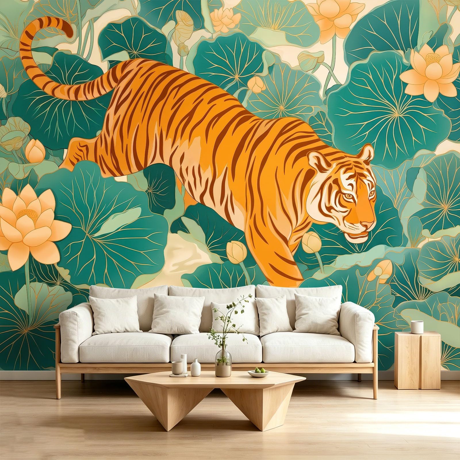 Vintage Panoramiczna tapeta 200 l x 140 cm, tygrys botaniczny kwiatowy tapeta z włókniny do salonu sypialni - nowoczesny mural XXL, sztuka ścienna gigantyczny plakat do biura