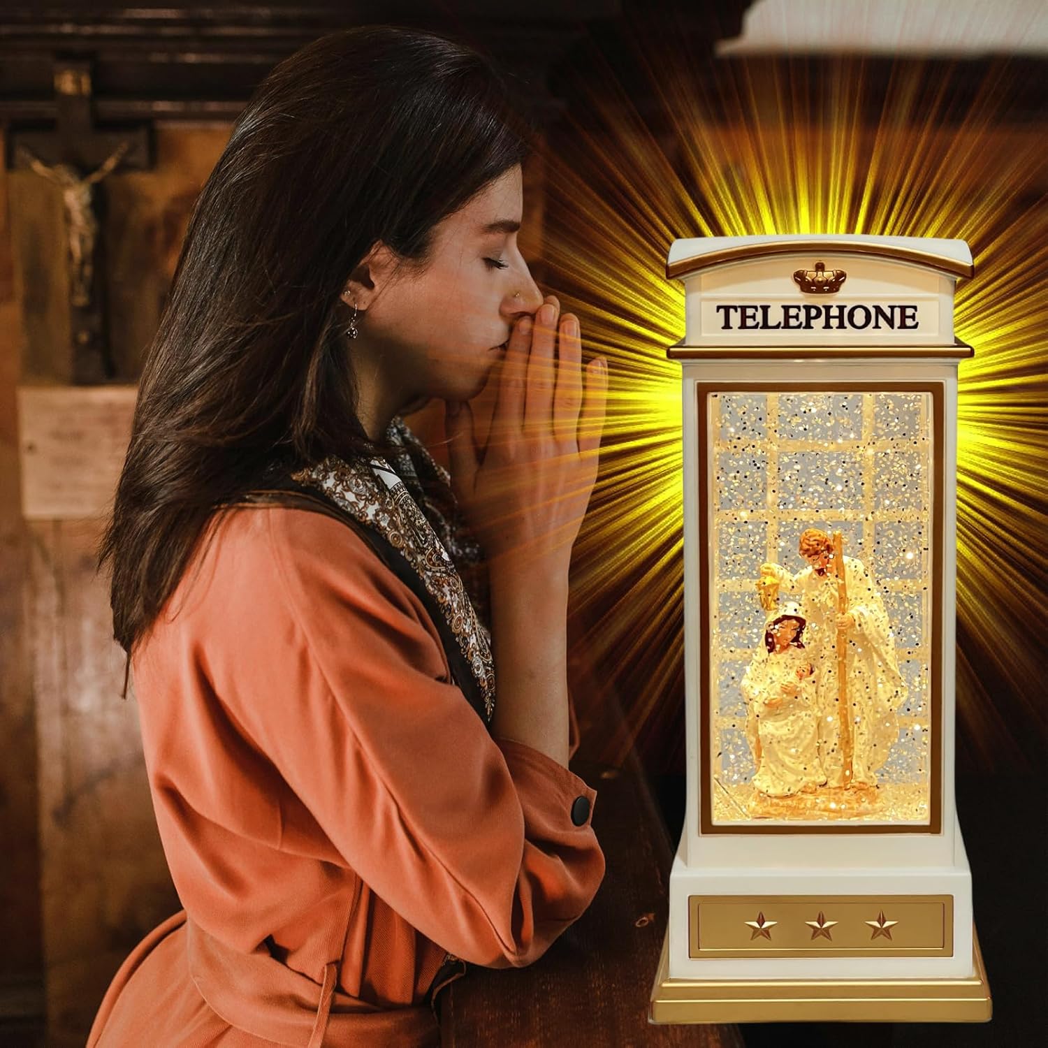 Nativity Scene Snow Globe Lantern - Christmas Water Lanterns with Lights and Glitter - White Telephone Booth Decoration - USB or Battery Powered Musical Box for Adults (Nativitiy) - Image 6