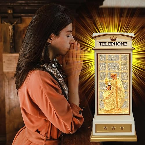 Miniatura 6 de Farol de globo de nieve con luces y purpurina, decoración de cabina telefónica blanca, caja musical con USB o batería para adultos (natividad)