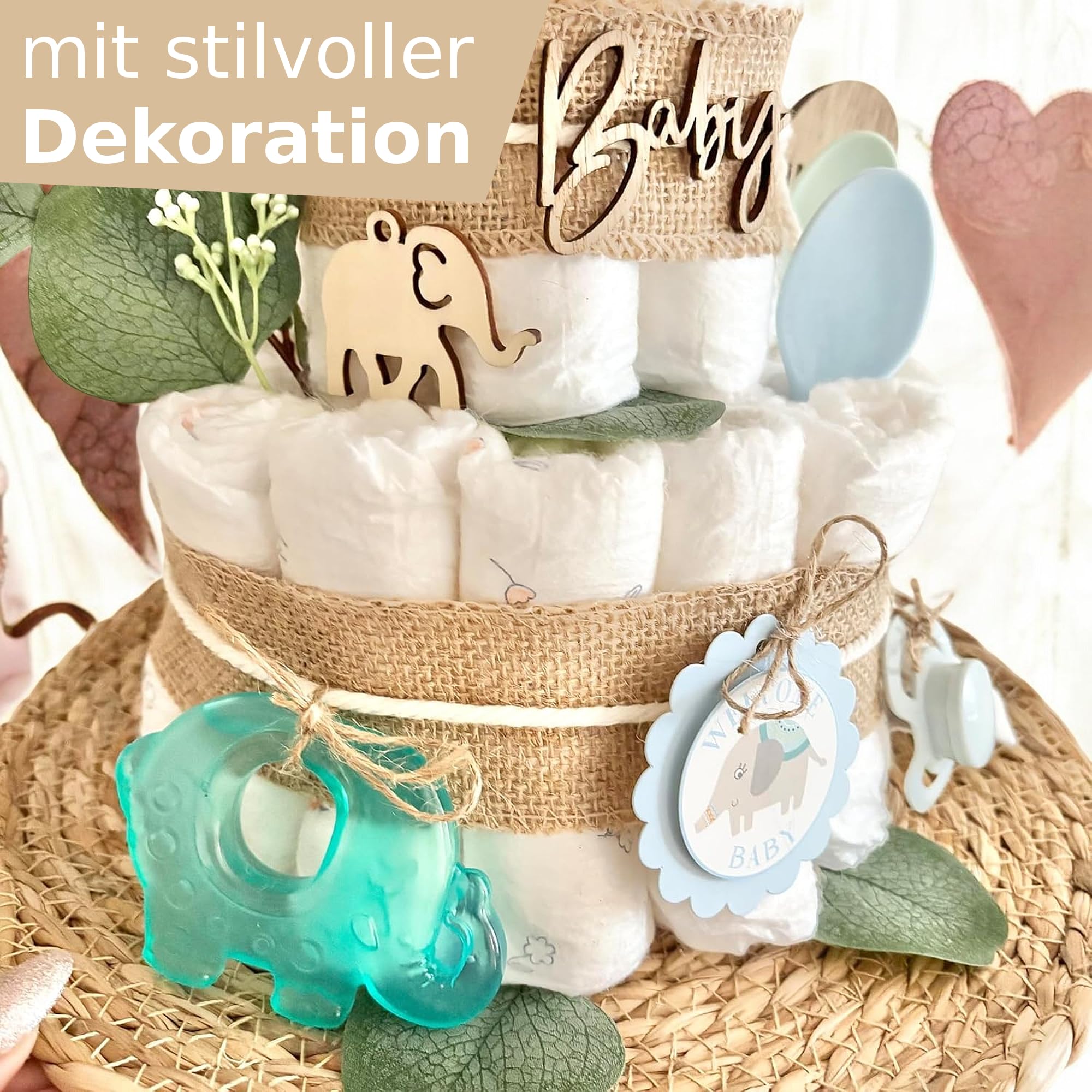 Windeltorte mit Elefant Schnuller Socken und mehr, Babytorte für Babyparty Babyshower, Namen personalisierbar für Junge & Mädchen, Geschenk zur Geburt, Babypinkeln Baby Neugeboren Geschenk Windeln