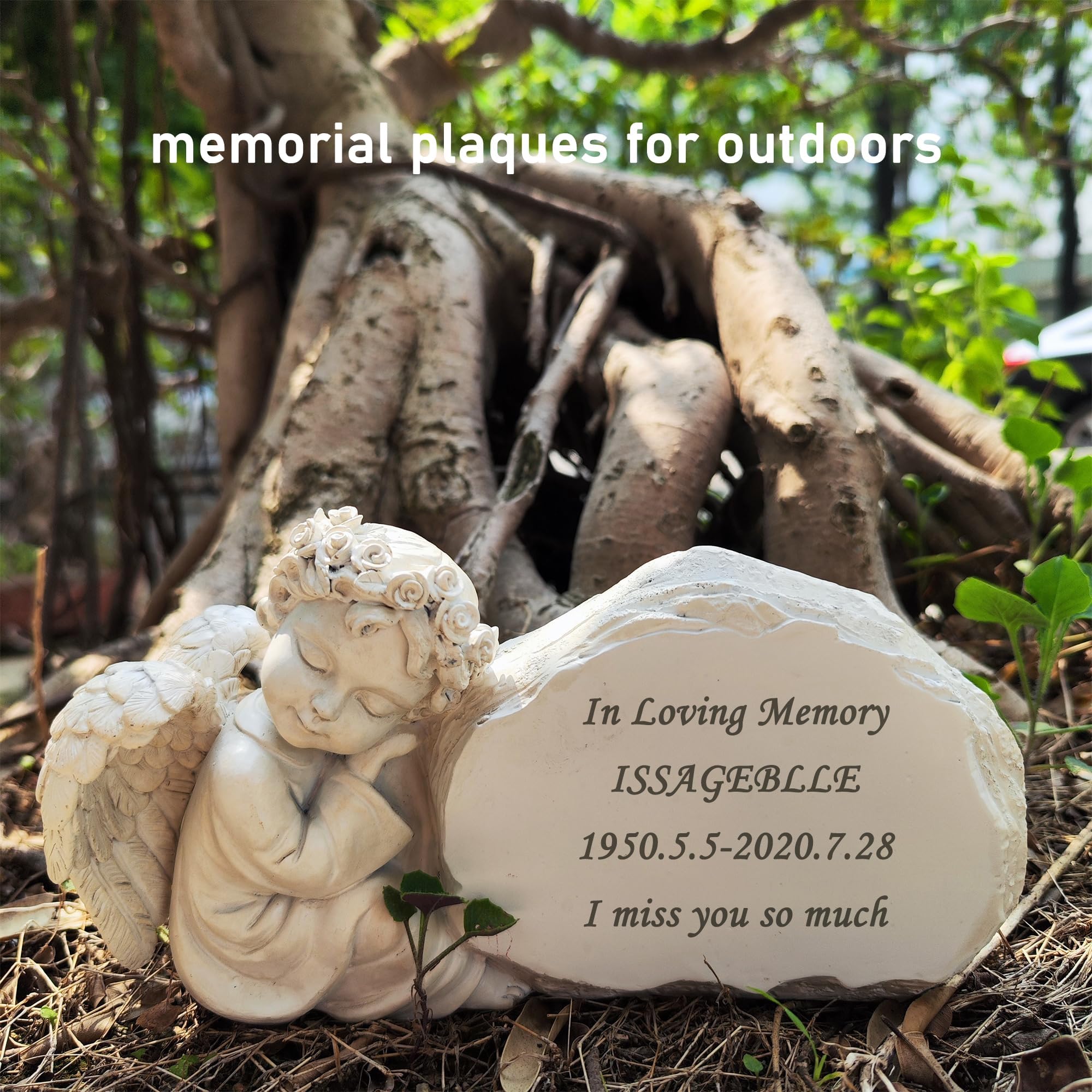 Pietre commemorative da giardino con angelo inciso con qualsiasi messaggio – Personalizzato Memorial Grave Markers Cimitero Pietre commemorative placche con statua di angelo, regali simbolici